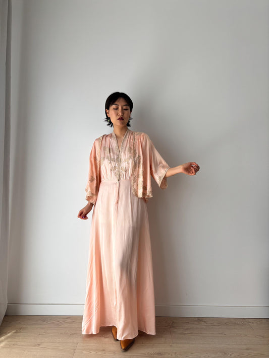 1940s 50s Pale Pink Pure Silk Nightgown 2 Piece Set / Bed Jacket Slip Dress Lingerie Set