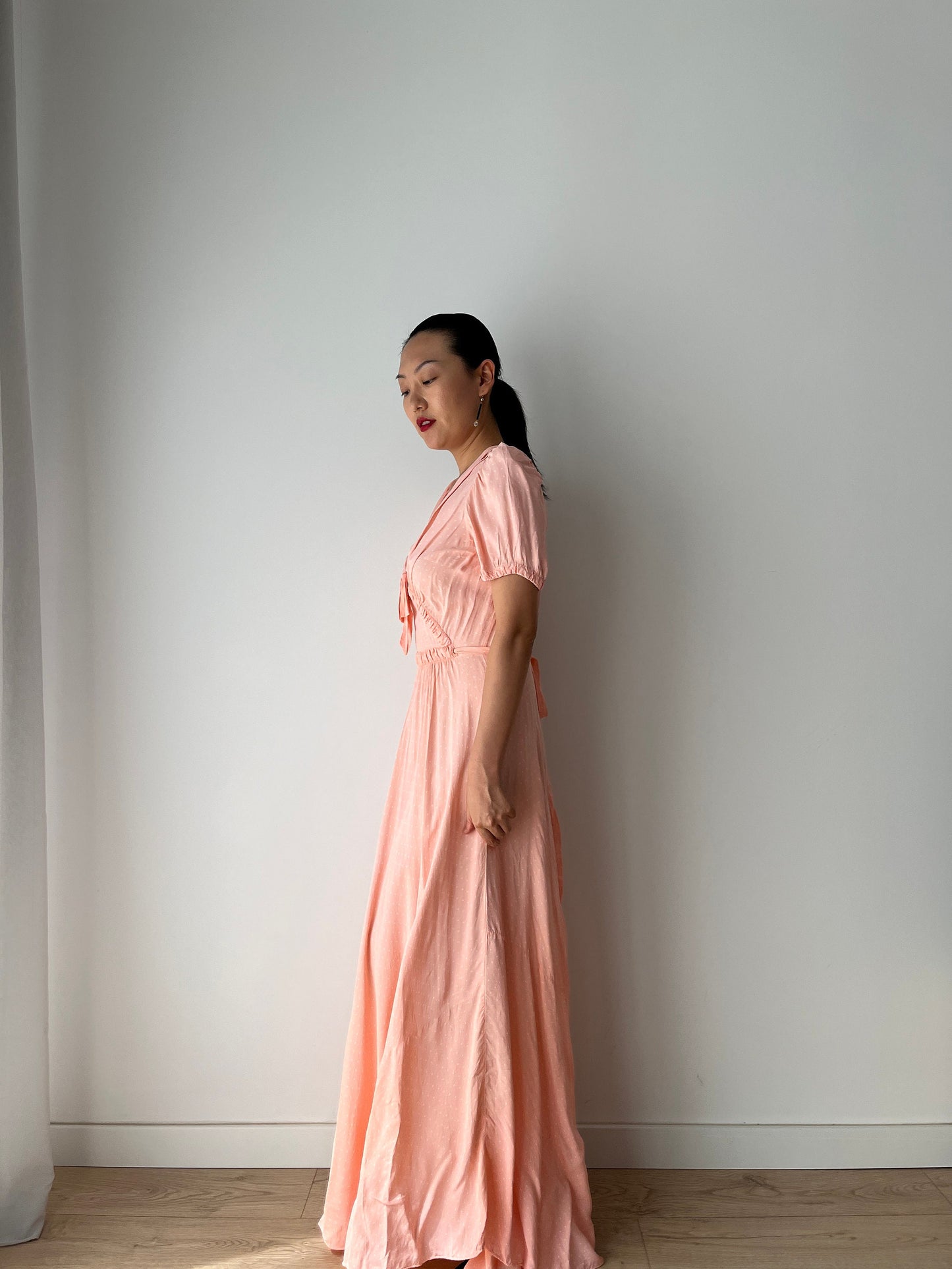 1940s Antique Bias Cut Pastel Pink Rayon Dots Print Bow Dress