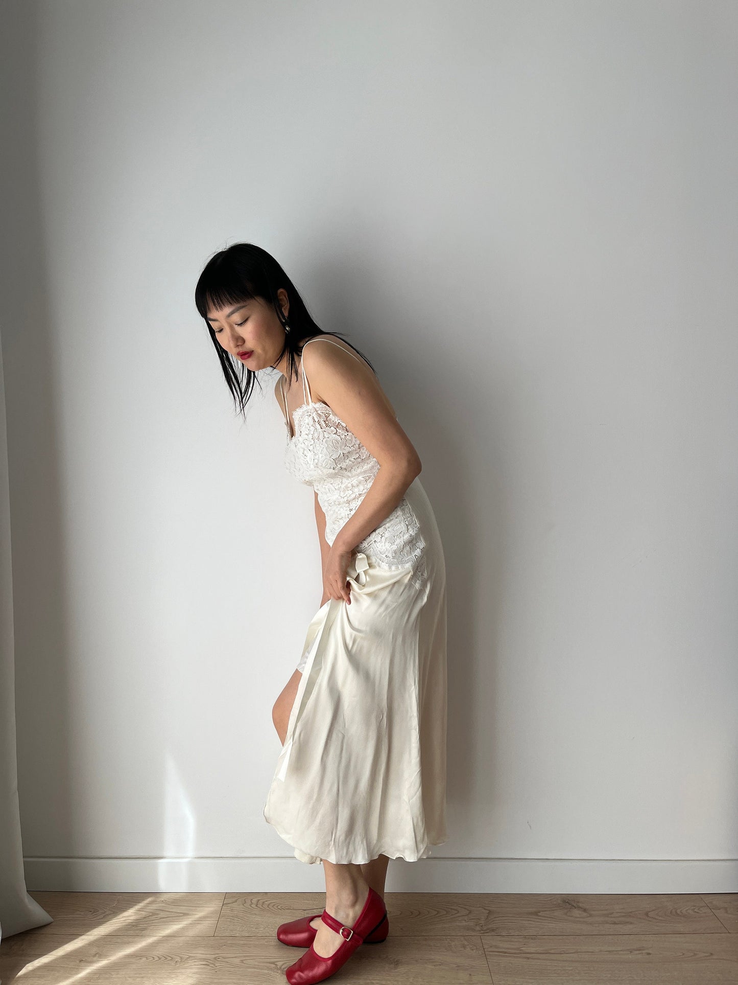 Vintage 90s Y2K liquid silk satin white embroidered slip long maxi camisole dress