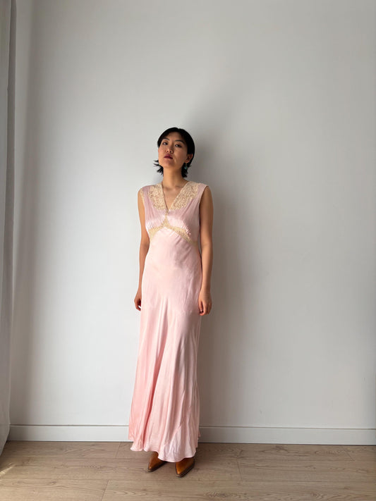 1930s Antique Lace appliqué Peach Pink Pure Silk bias cut gown, Liquid Satin Silk Maxi Dress