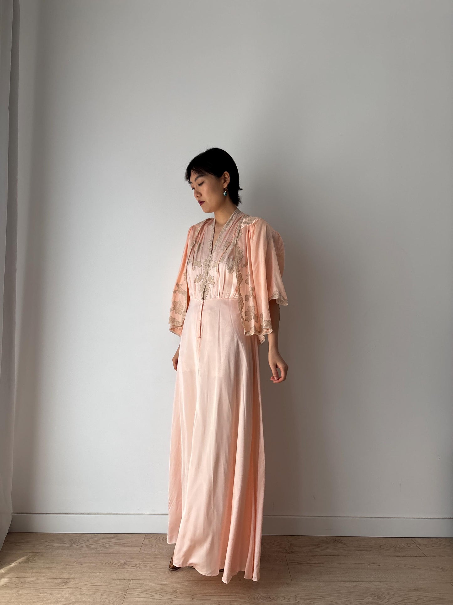 1940s 50s Pale Pink Pure Silk Nightgown 2 Piece Set / Bed Jacket Slip Dress Lingerie Set