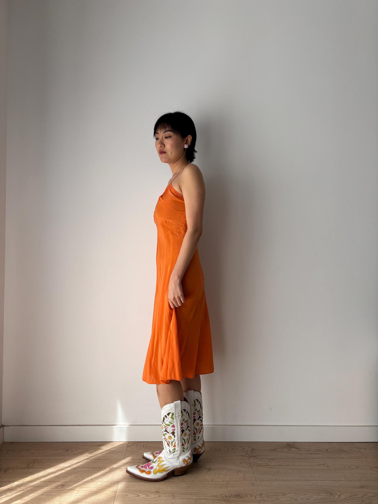 1920s 1930s 100% Silk Orange Bow Appliqué Embroidered Slip dress