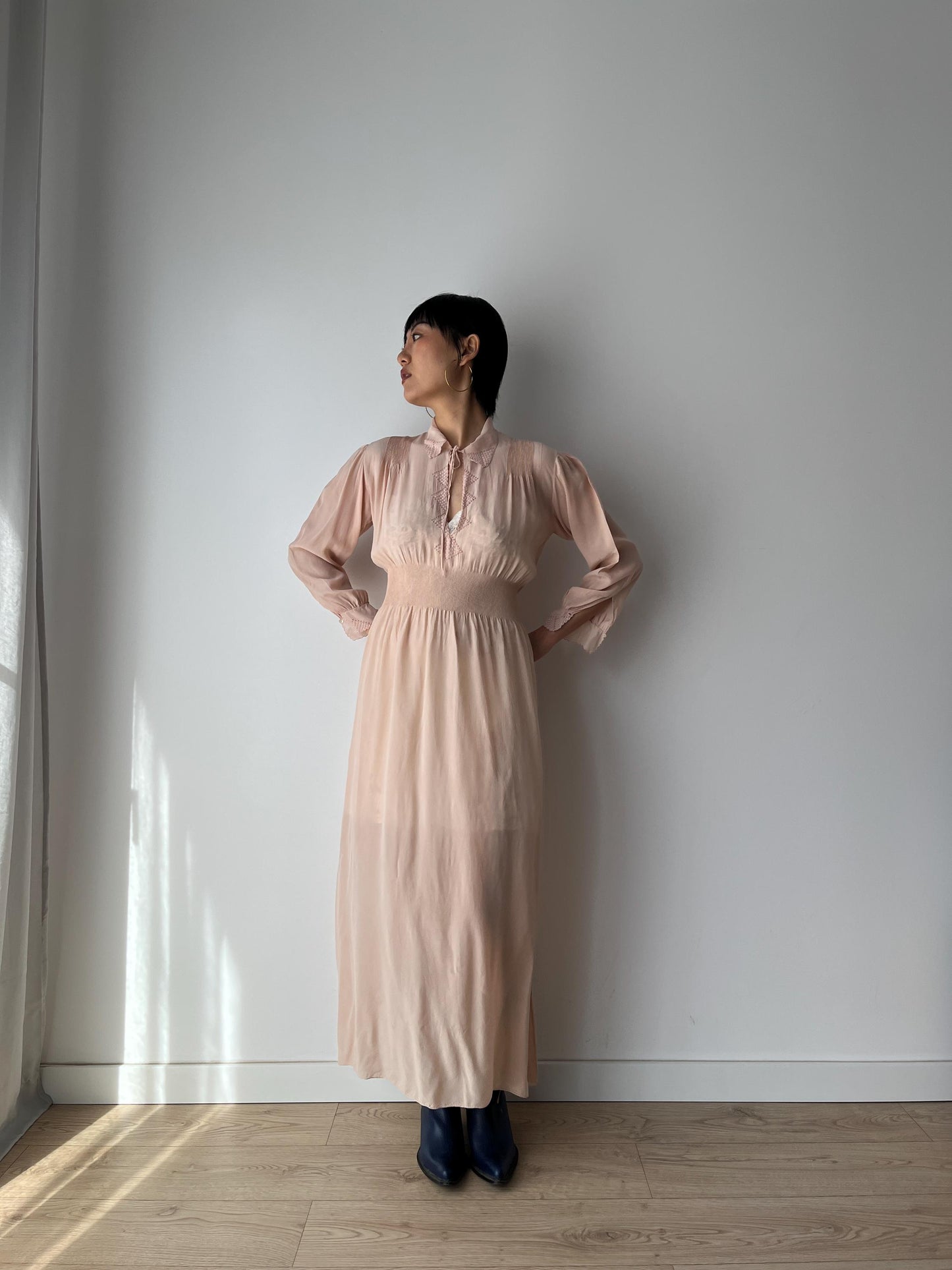 Antique 1930s 1940s ribbon bias cut liquid silk crepe sheer bridal nightdress