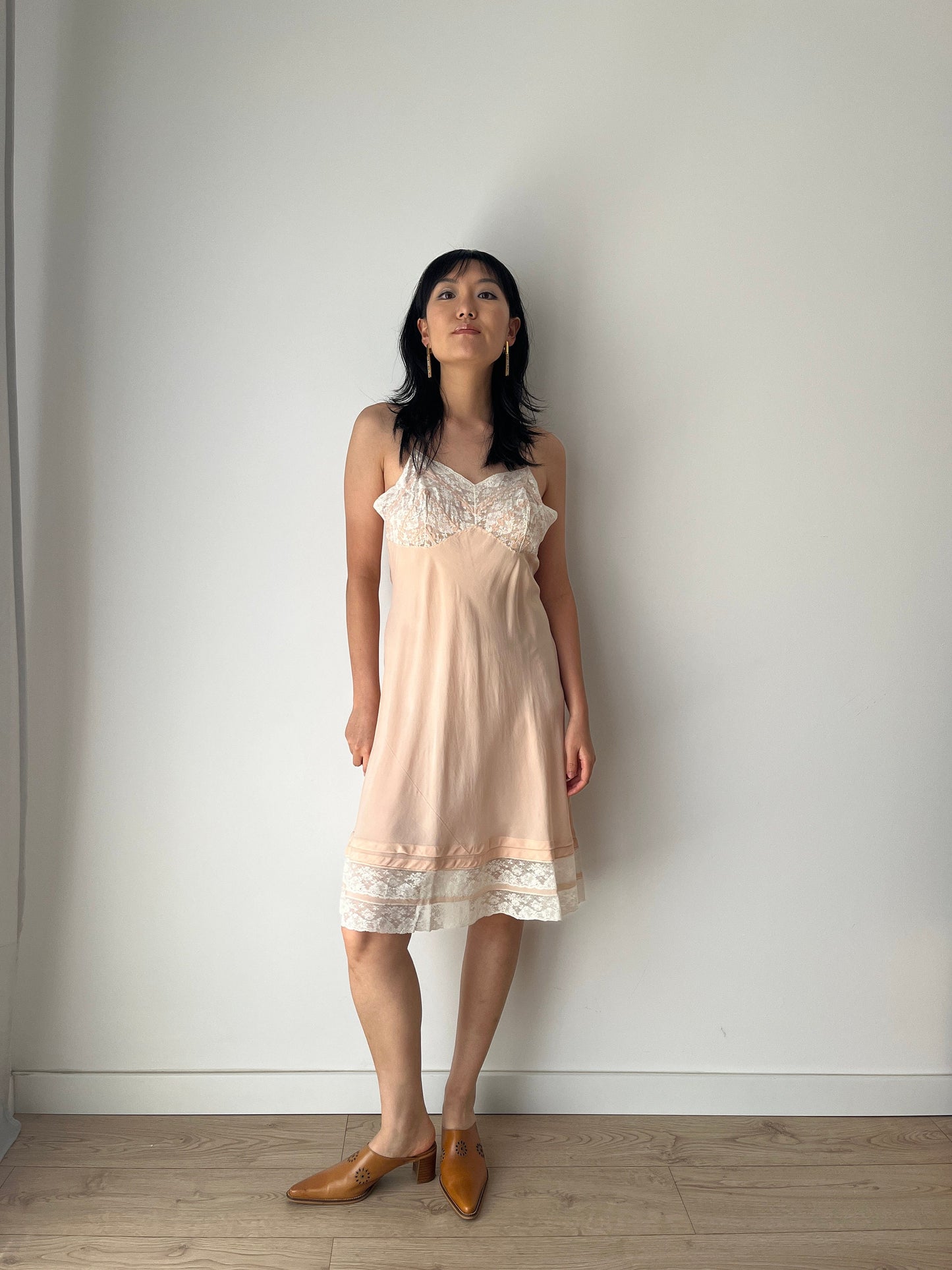 1930s Antique Pastel Pink Lace Liquid Crepe Silk Slip dress, Vintage lace mini dress