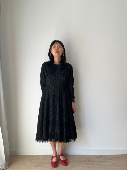 1950s Full Skirt Black Lace Dress/Cocktail Dress, Vintage Lace Dress