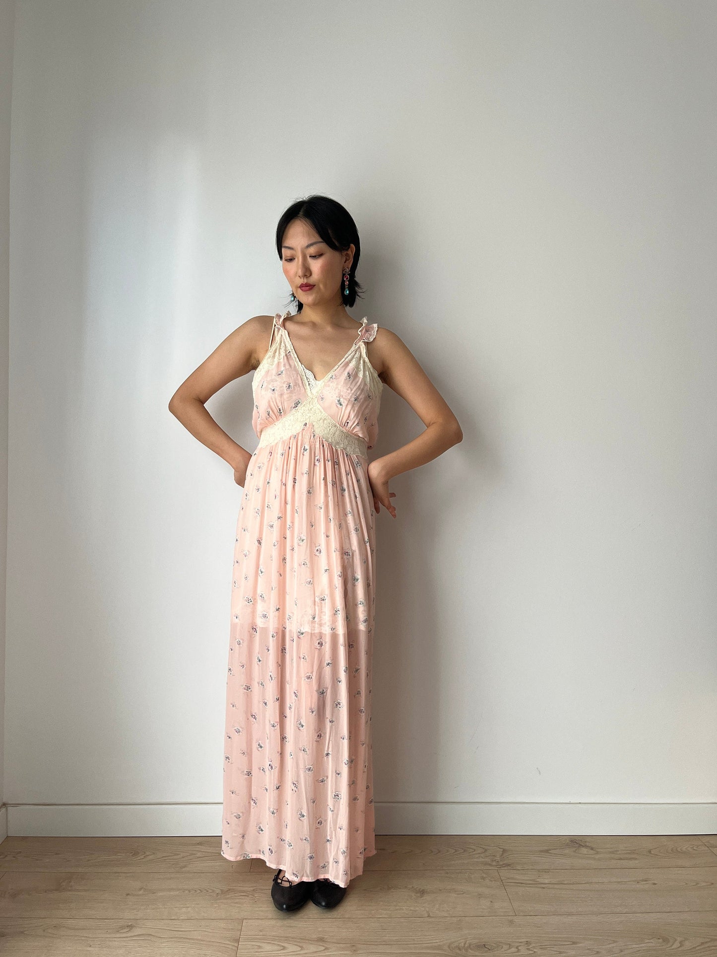 vintage 1930s pink floral print crepe silk lace ribbon art deco dress, romantic parisian nightgown