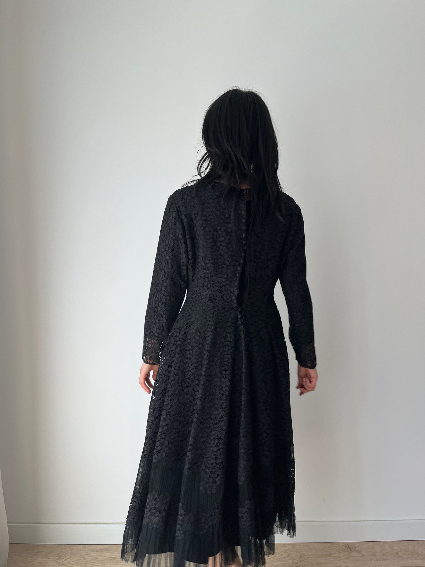 1950s Full Skirt Black Lace Dress/Cocktail Dress, Vintage Lace Dress