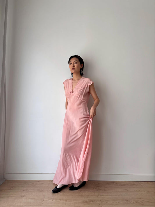 1940’s pale pink bias cut nightgown maxi lingerie dress with hand Embroidery