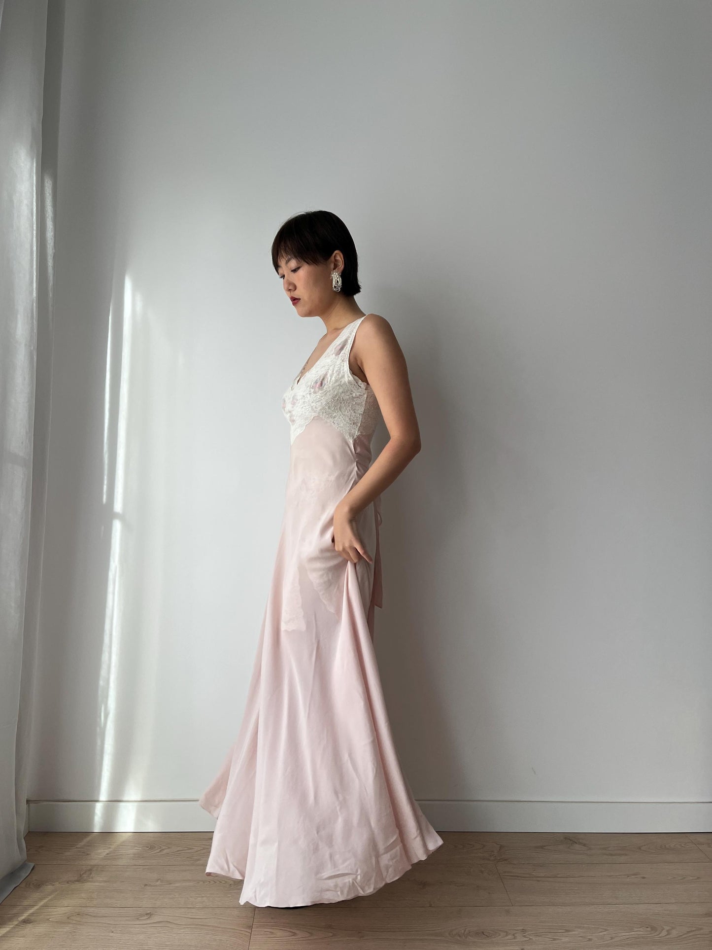 1930s 1940s Antique Bias Cut Ruffle Lace Pastel Pink Pure Silk Embroidered Nightgown