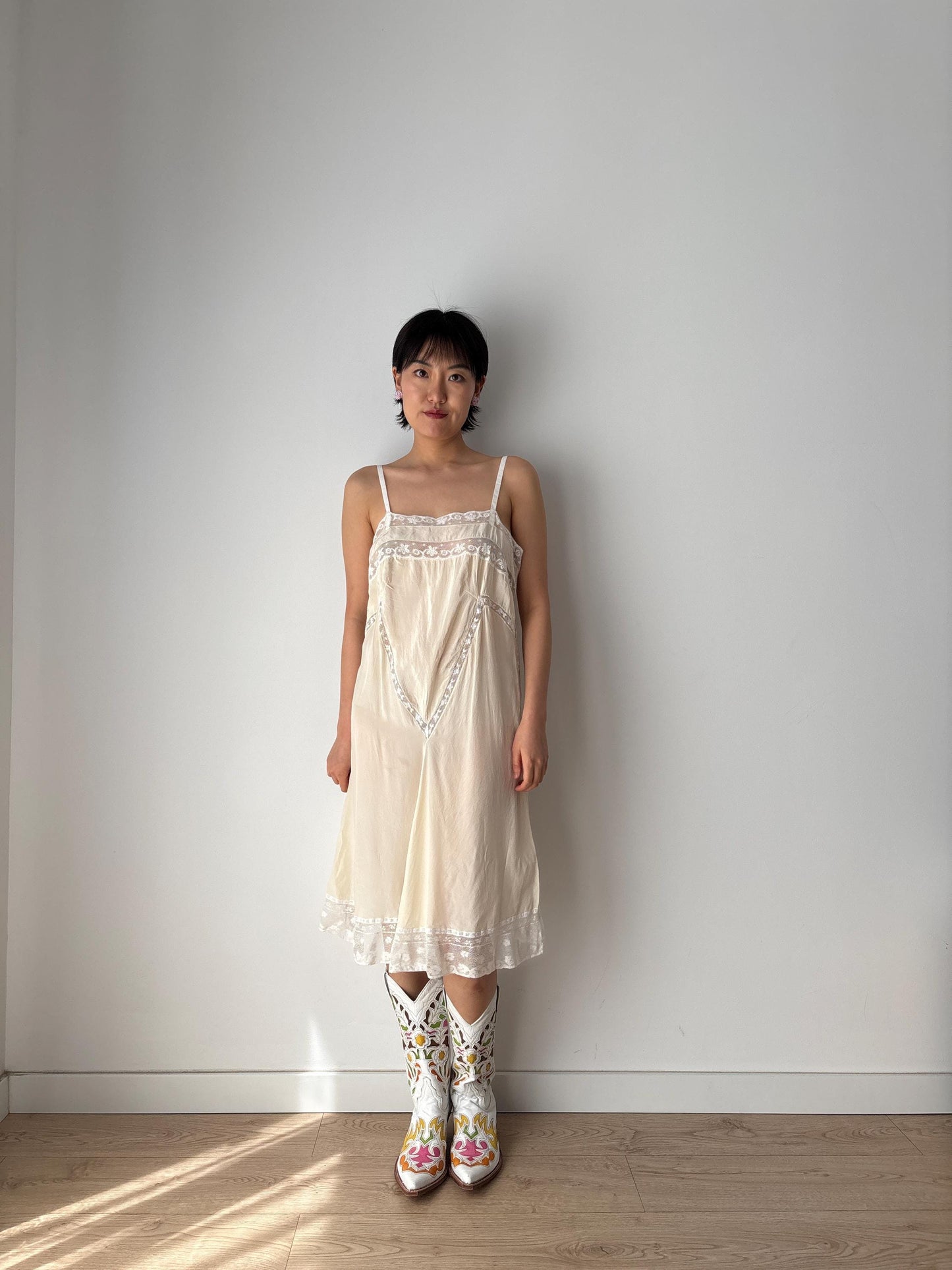 1920s 1930s Antique White Silk Edwardian Victorian Lace Slip dress