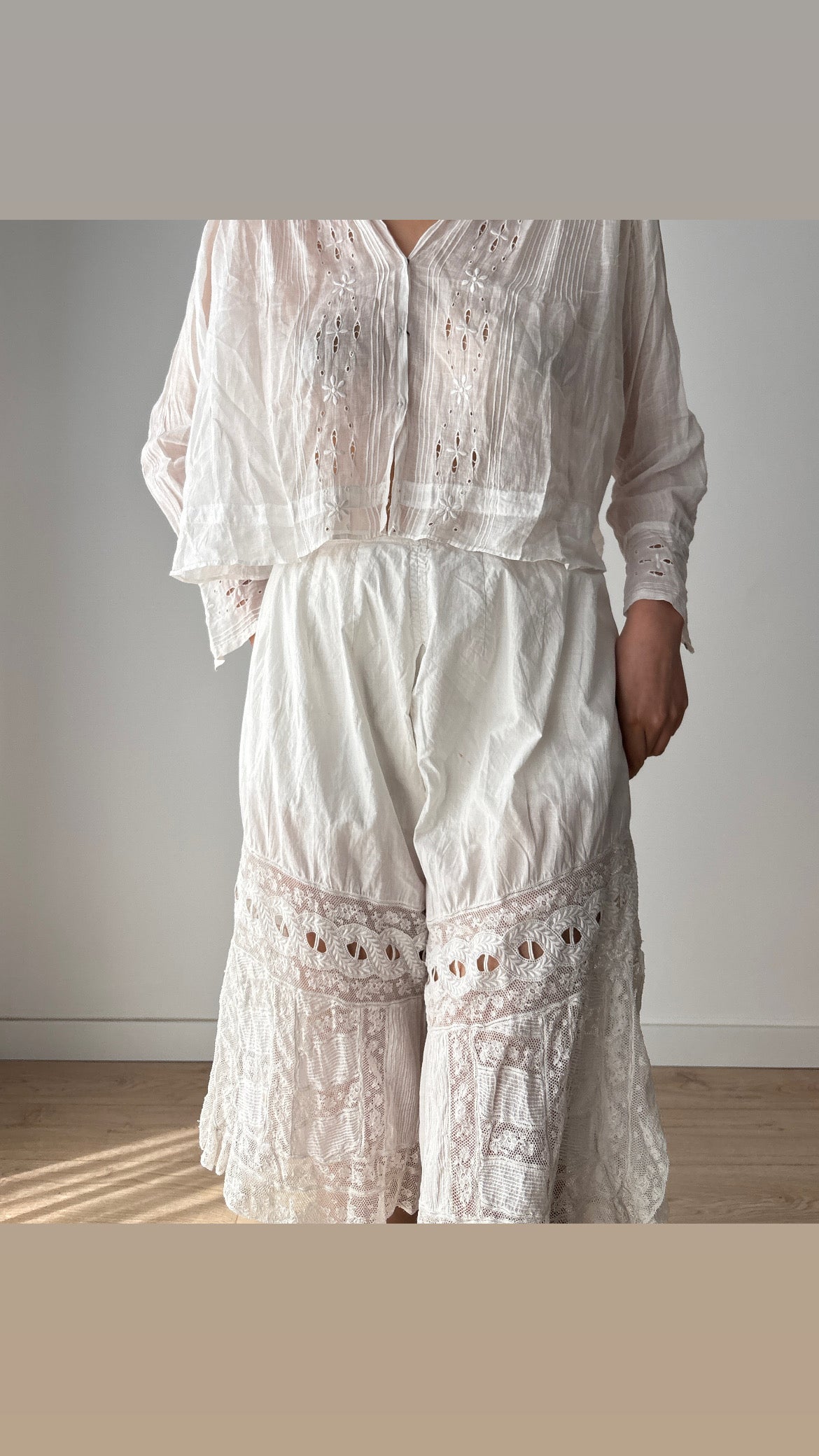 Antique 1900s Lace Renaissance Victorian Edwardian Lingerie Culottes Panties, Parisian White Knickers French Bloomers with Open Crotch