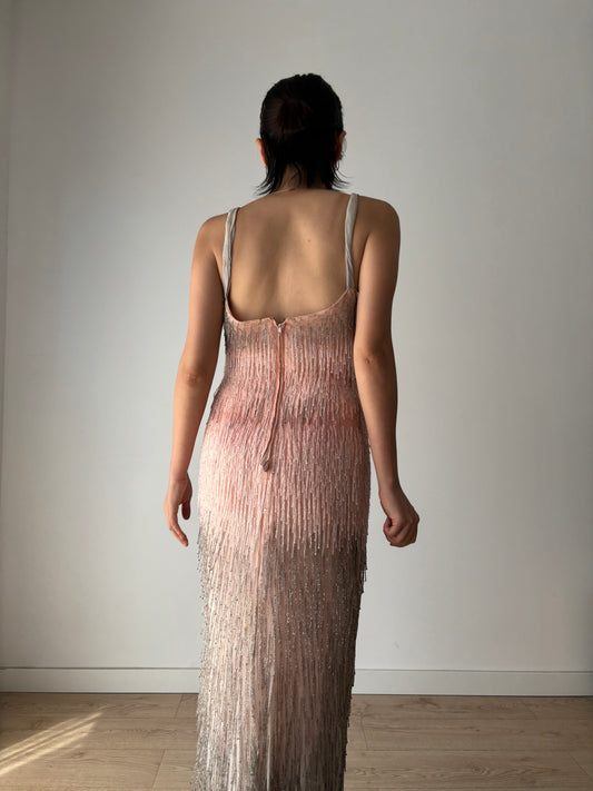 Authentic 1920s–1930s Hollywood Flapper Dress – Rare Art Deco Beaded Gradient Fringe Gown