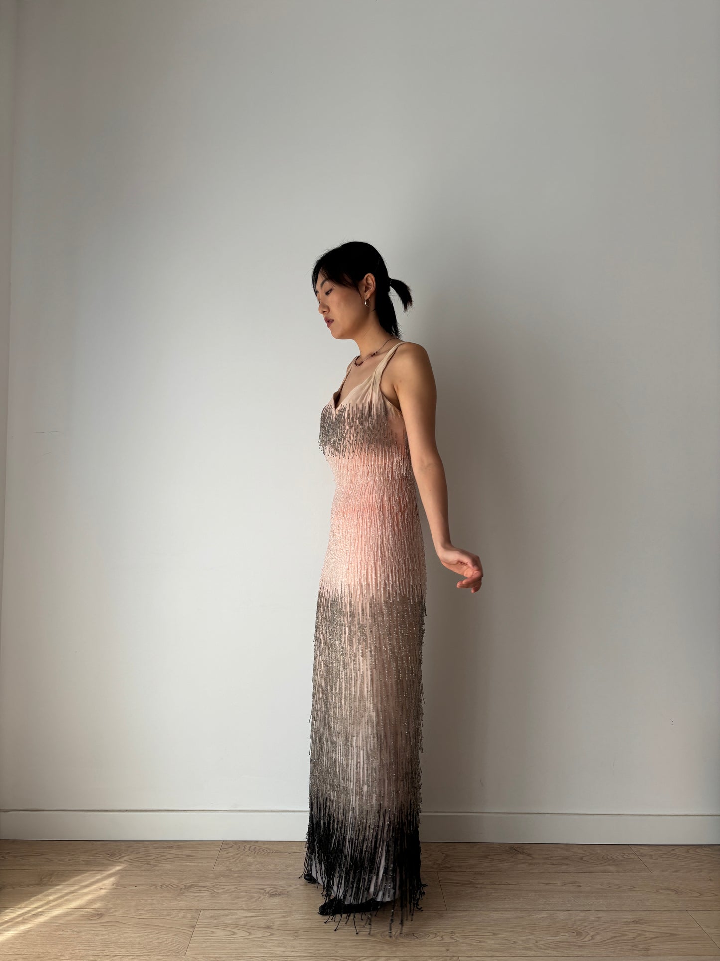 Authentic 1920s–1930s Hollywood Flapper Dress – Rare Art Deco Beaded Gradient Fringe Gown