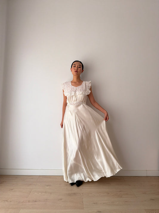 1940s Silk Satin Lace Ruffled Bridal Gown, Bias Cut Maxi Dress, Cottagecore Romantic Style