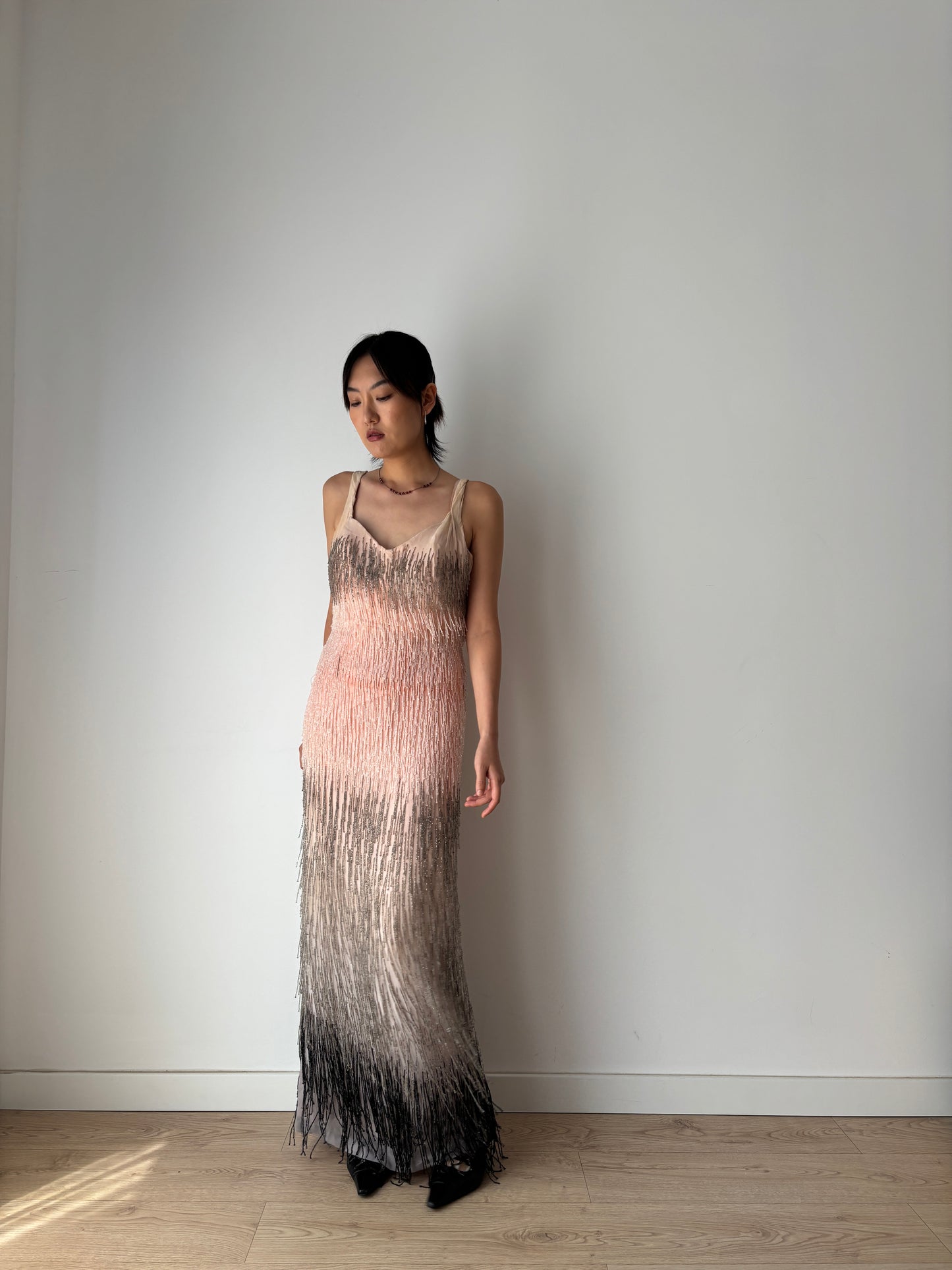 Authentic 1920s–1930s Hollywood Flapper Dress – Rare Art Deco Beaded Gradient Fringe Gown