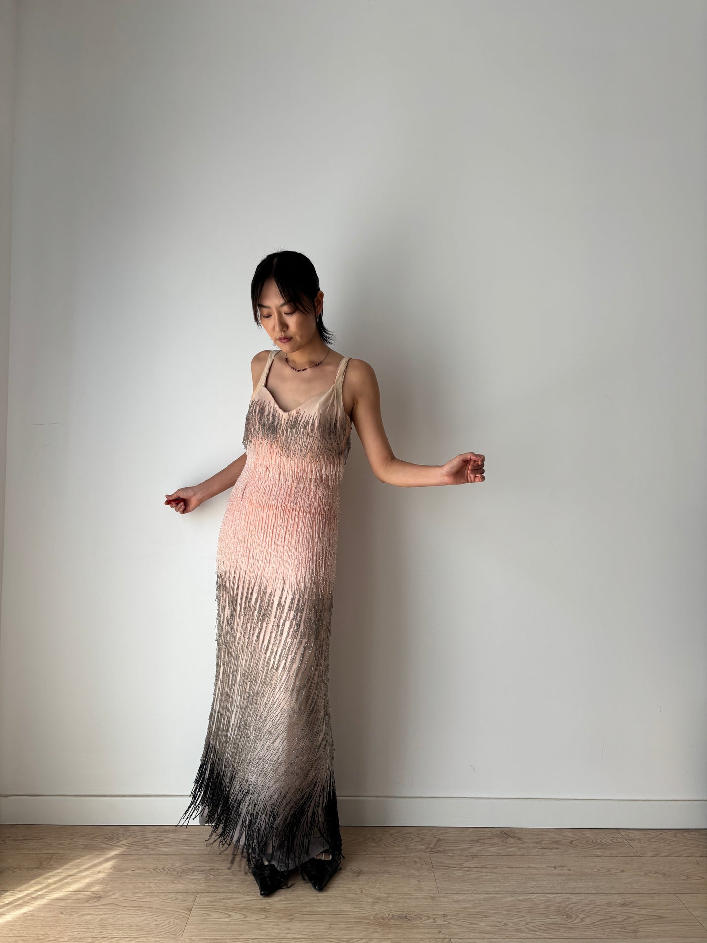 Authentic 1920s–1930s Hollywood Flapper Dress – Rare Art Deco Beaded Gradient Fringe Gown