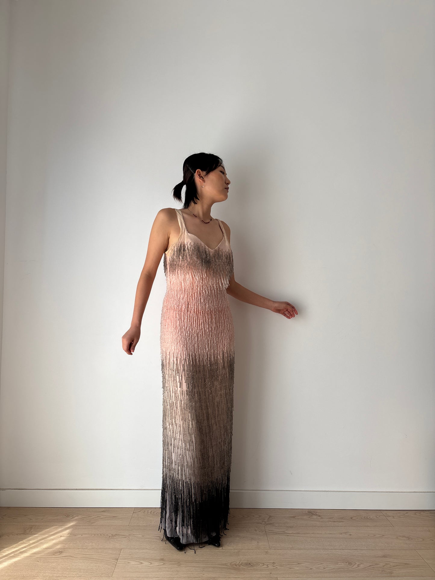 Authentic 1920s–1930s Hollywood Flapper Dress – Rare Art Deco Beaded Gradient Fringe Gown