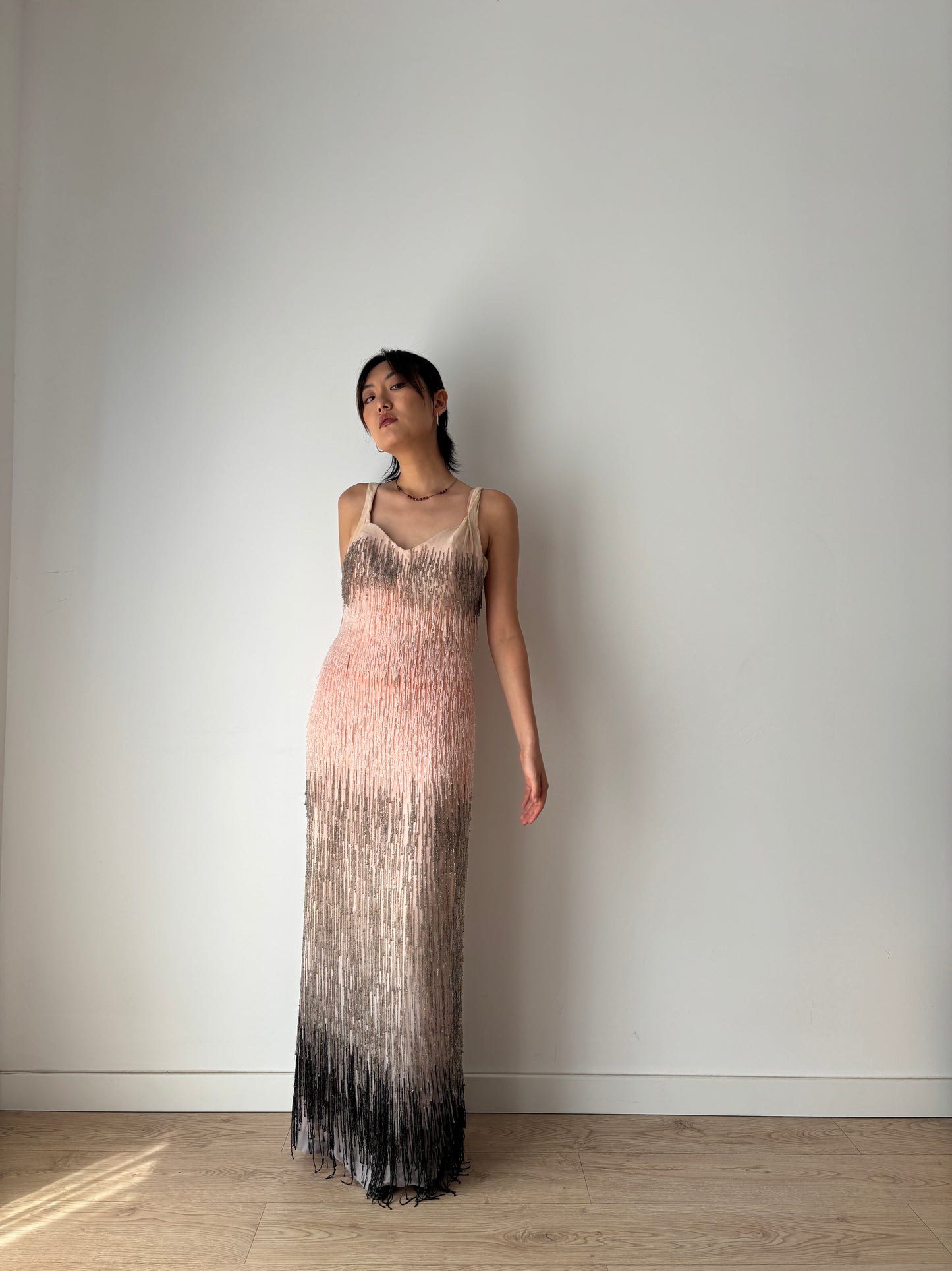 Authentic 1920s–1930s Hollywood Flapper Dress – Rare Art Deco Beaded Gradient Fringe Gown