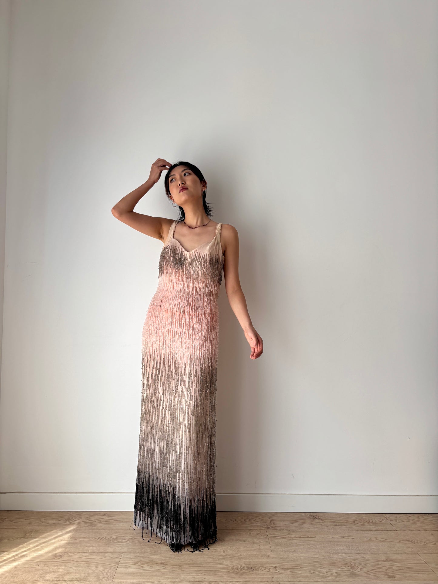 Authentic 1920s–1930s Hollywood Flapper Dress – Rare Art Deco Beaded Gradient Fringe Gown