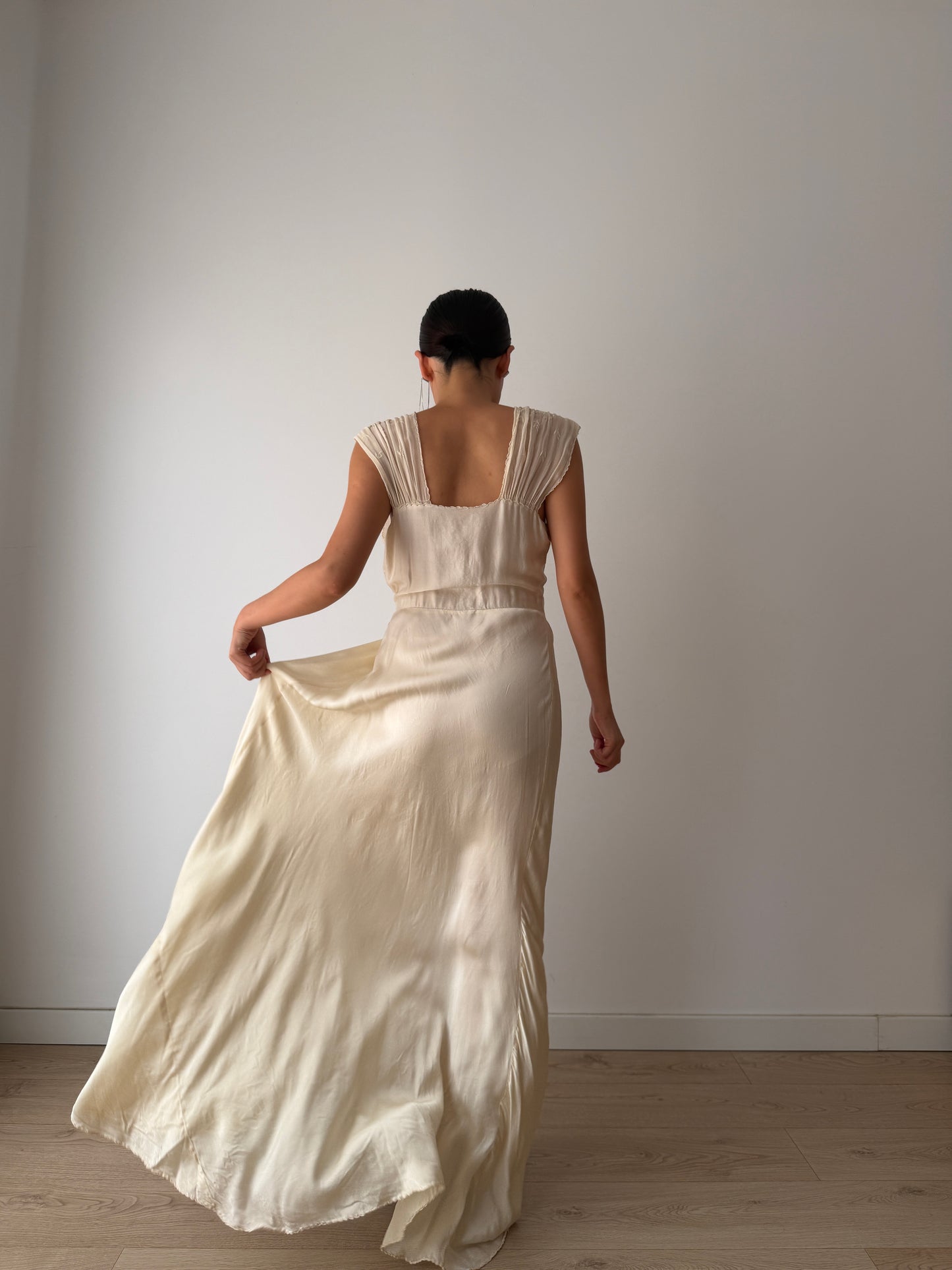 1930s Pure Silk Lace Appliqué French Wedding Dress, Bias Cut Bridal Slip Gown, Old Hollywood Lingerie