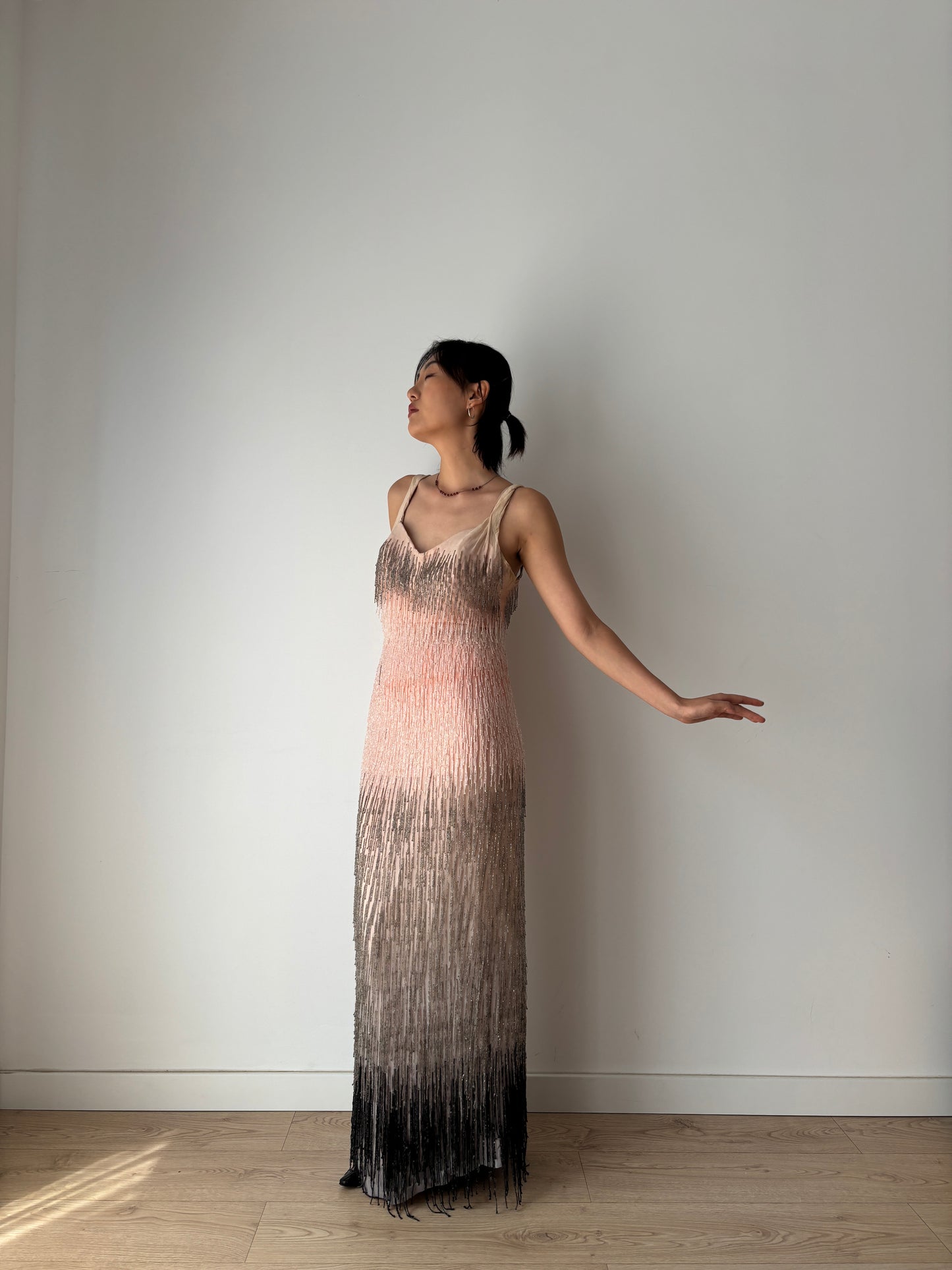 Authentic 1920s–1930s Hollywood Flapper Dress – Rare Art Deco Beaded Gradient Fringe Gown