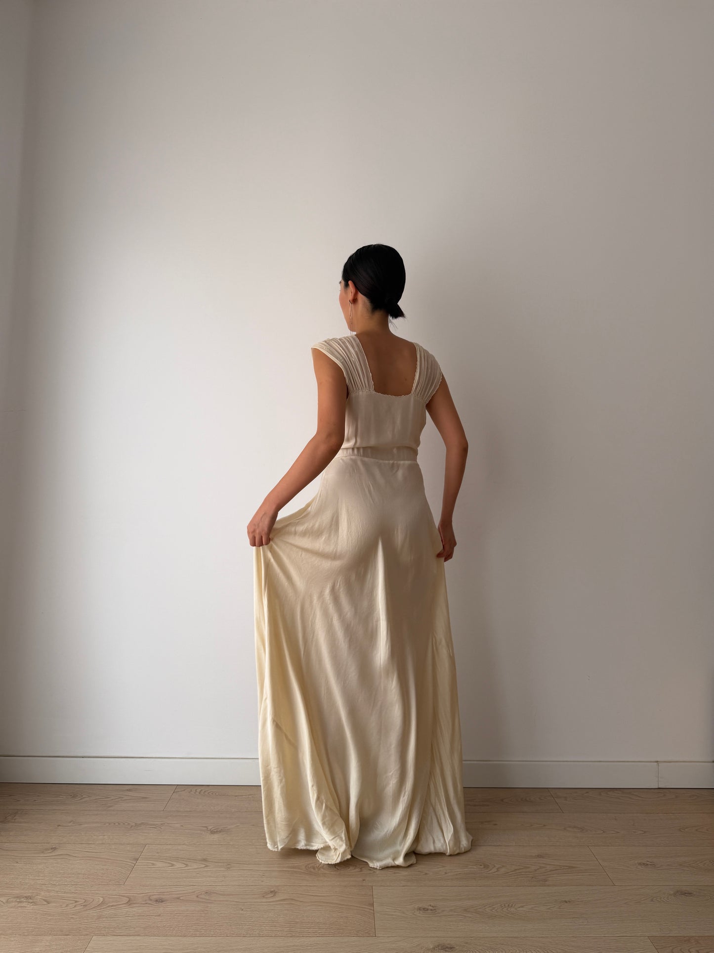 1930s Pure Silk Lace Appliqué French Wedding Dress, Bias Cut Bridal Slip Gown, Old Hollywood Lingerie