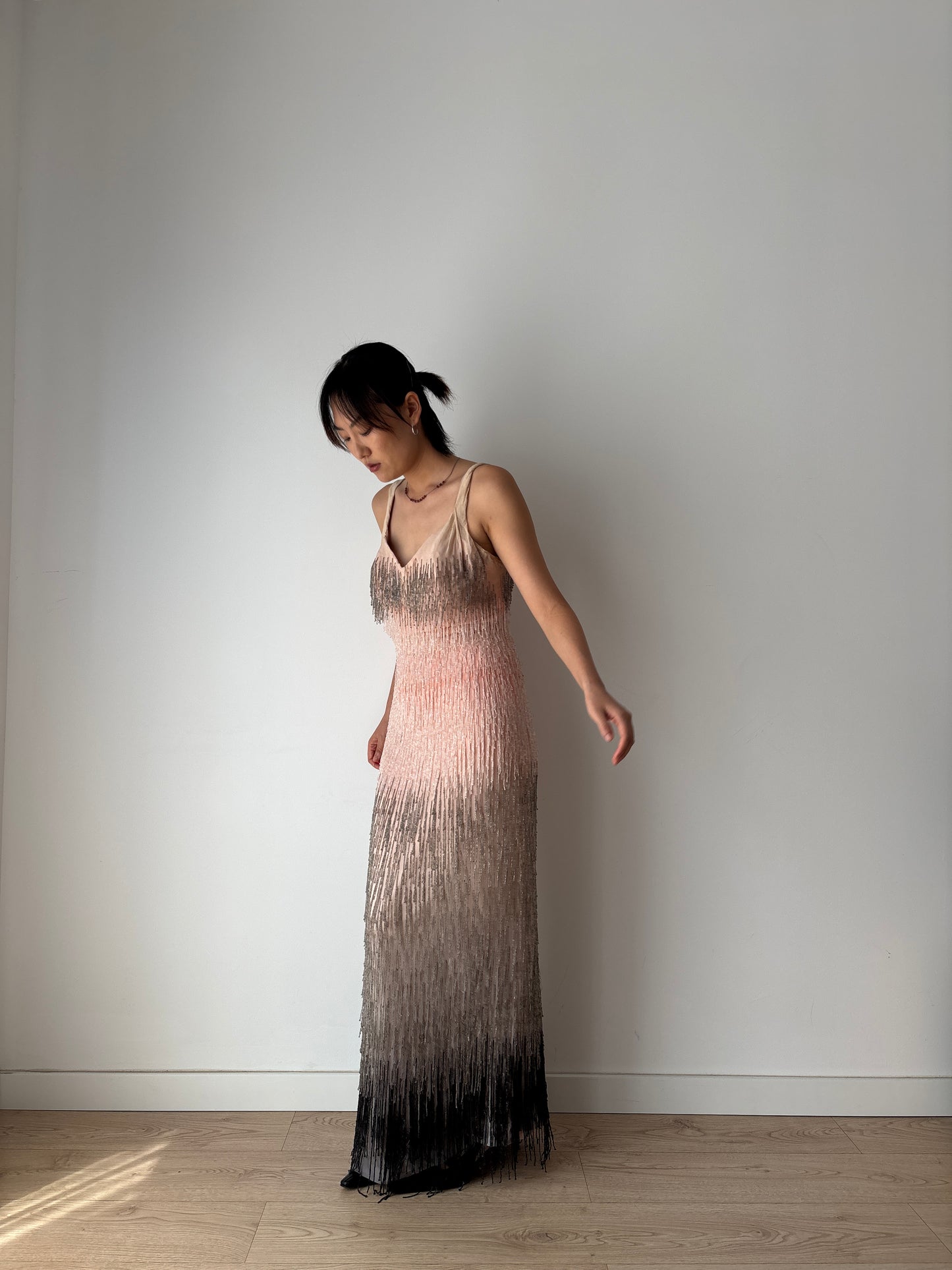 Authentic 1920s–1930s Hollywood Flapper Dress – Rare Art Deco Beaded Gradient Fringe Gown