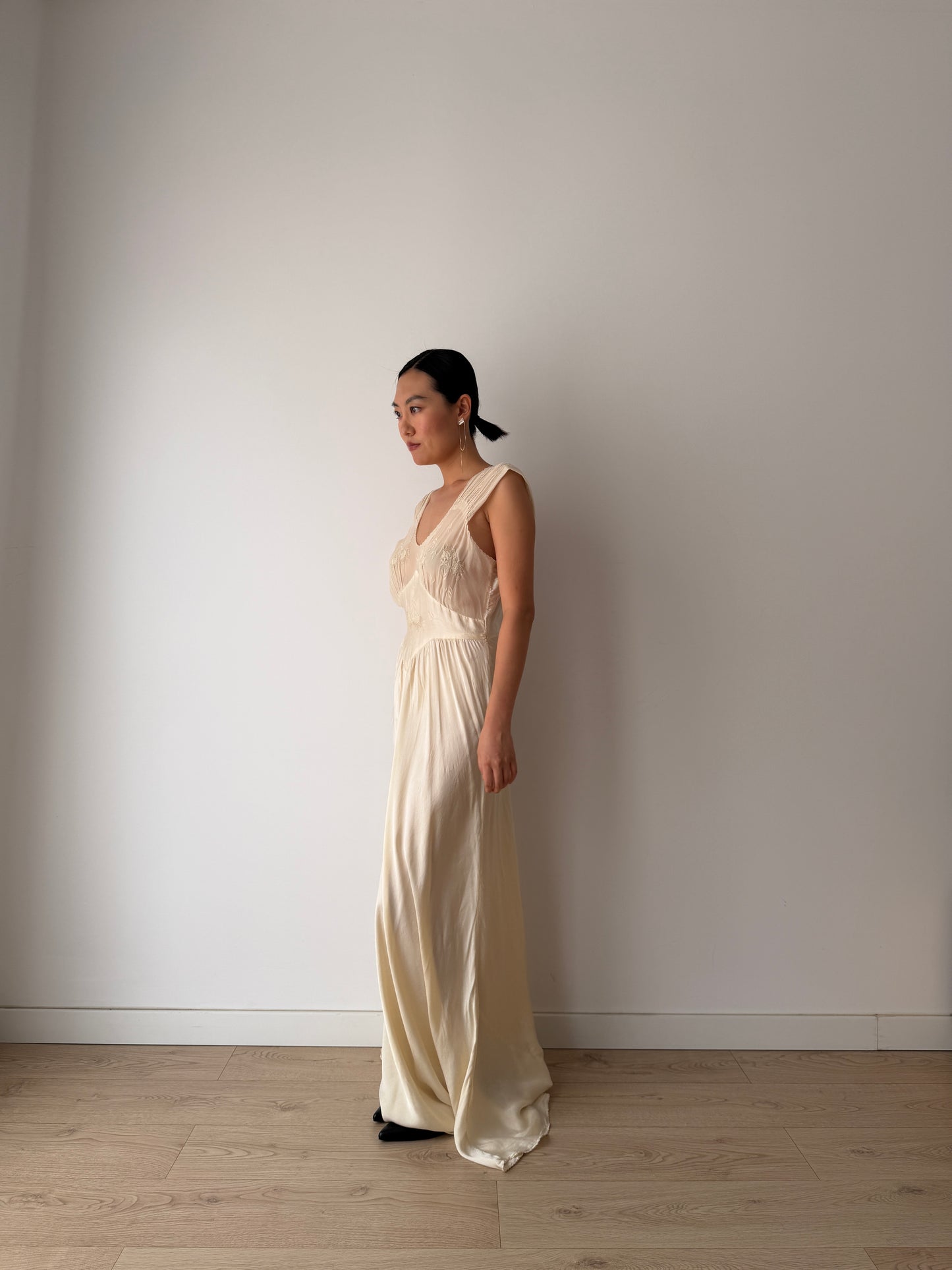 1930s Pure Silk Lace Appliqué French Wedding Dress, Bias Cut Bridal Slip Gown, Old Hollywood Lingerie