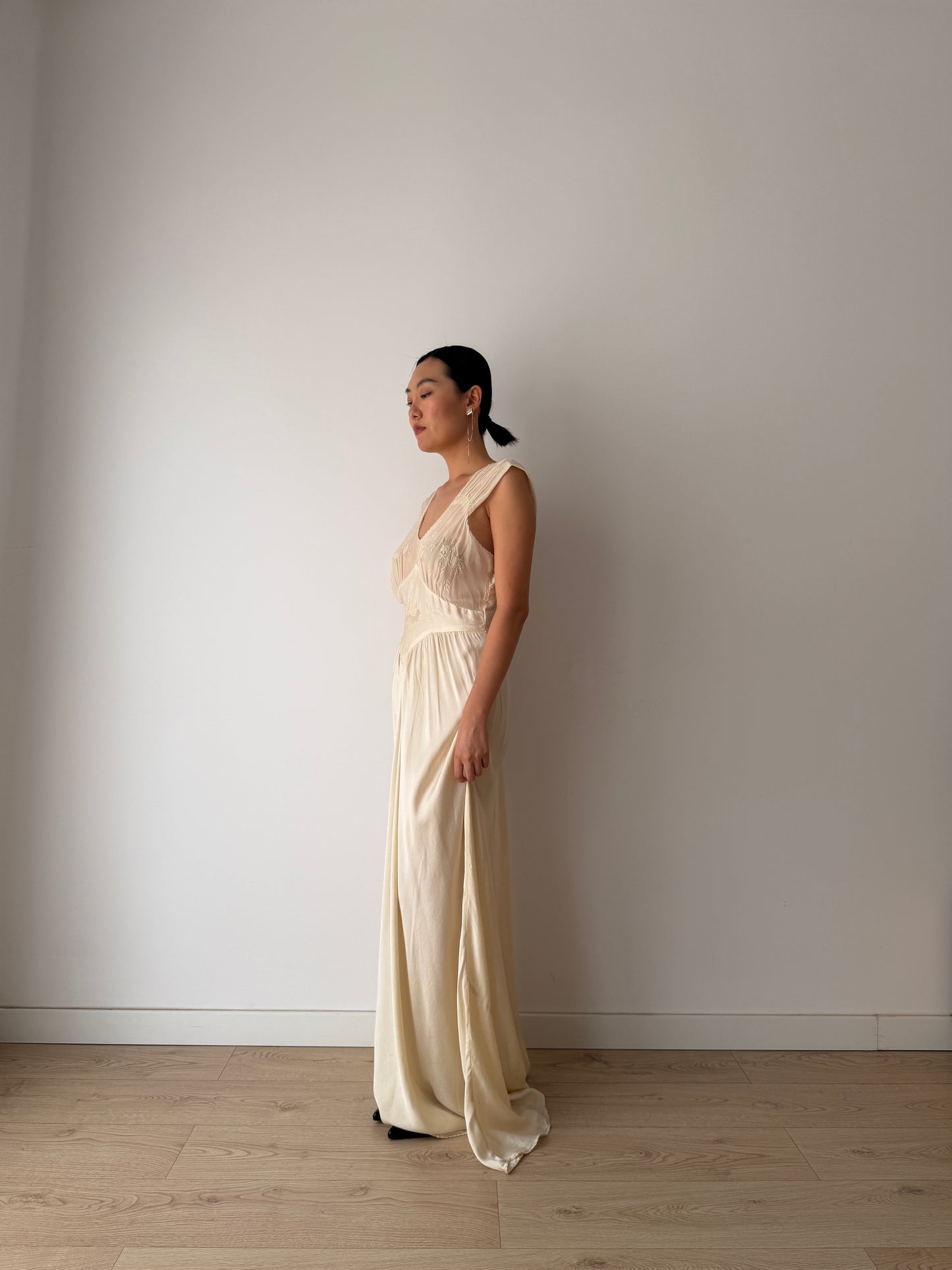 1930s Pure Silk Lace Appliqué French Wedding Dress, Bias Cut Bridal Slip Gown, Old Hollywood Lingerie