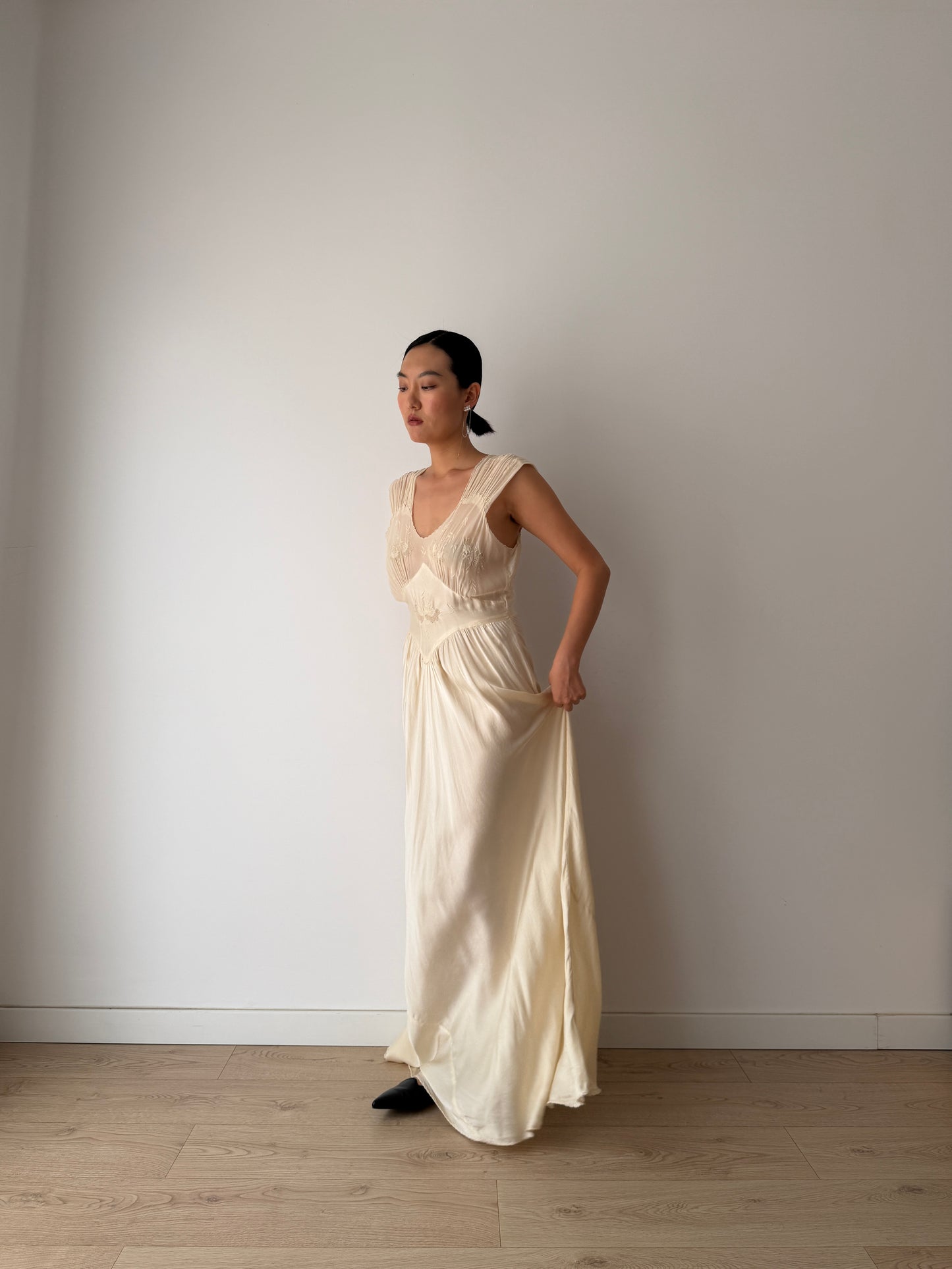 1930s Pure Silk Lace Appliqué French Wedding Dress, Bias Cut Bridal Slip Gown, Old Hollywood Lingerie