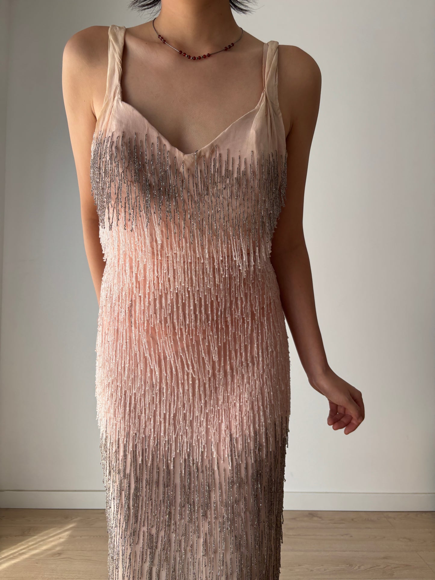 Authentic 1920s–1930s Hollywood Flapper Dress – Rare Art Deco Beaded Gradient Fringe Gown