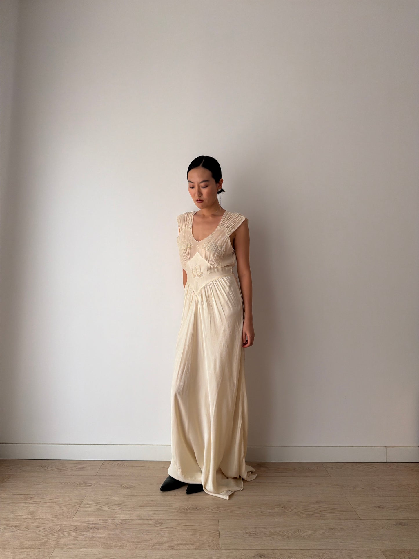 1930s Pure Silk Lace Appliqué French Wedding Dress, Bias Cut Bridal Slip Gown, Old Hollywood Lingerie