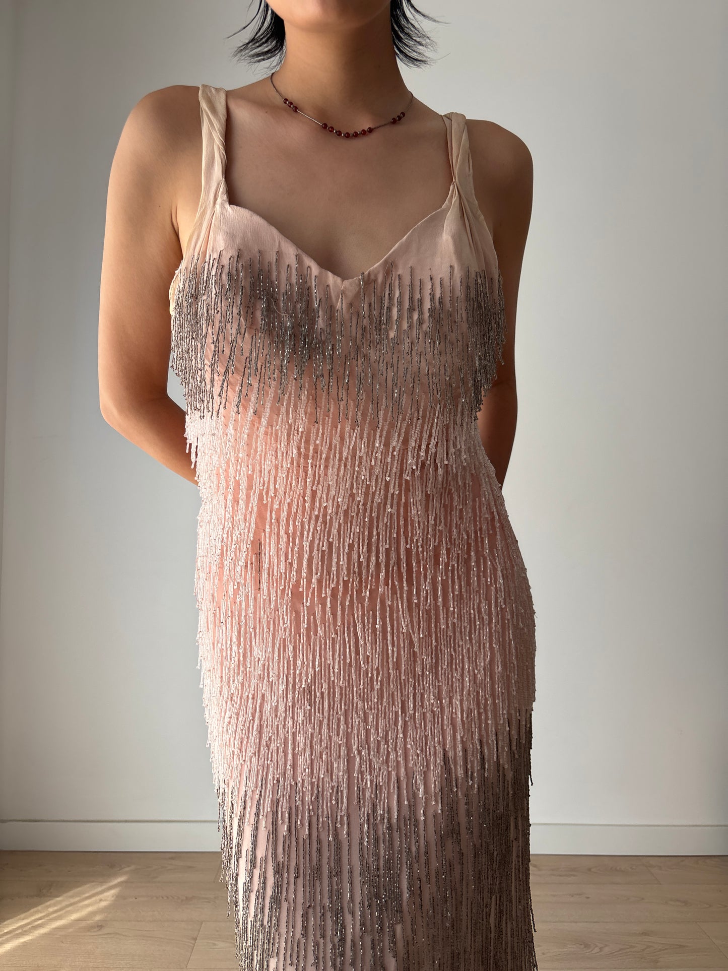 Authentic 1920s–1930s Hollywood Flapper Dress – Rare Art Deco Beaded Gradient Fringe Gown