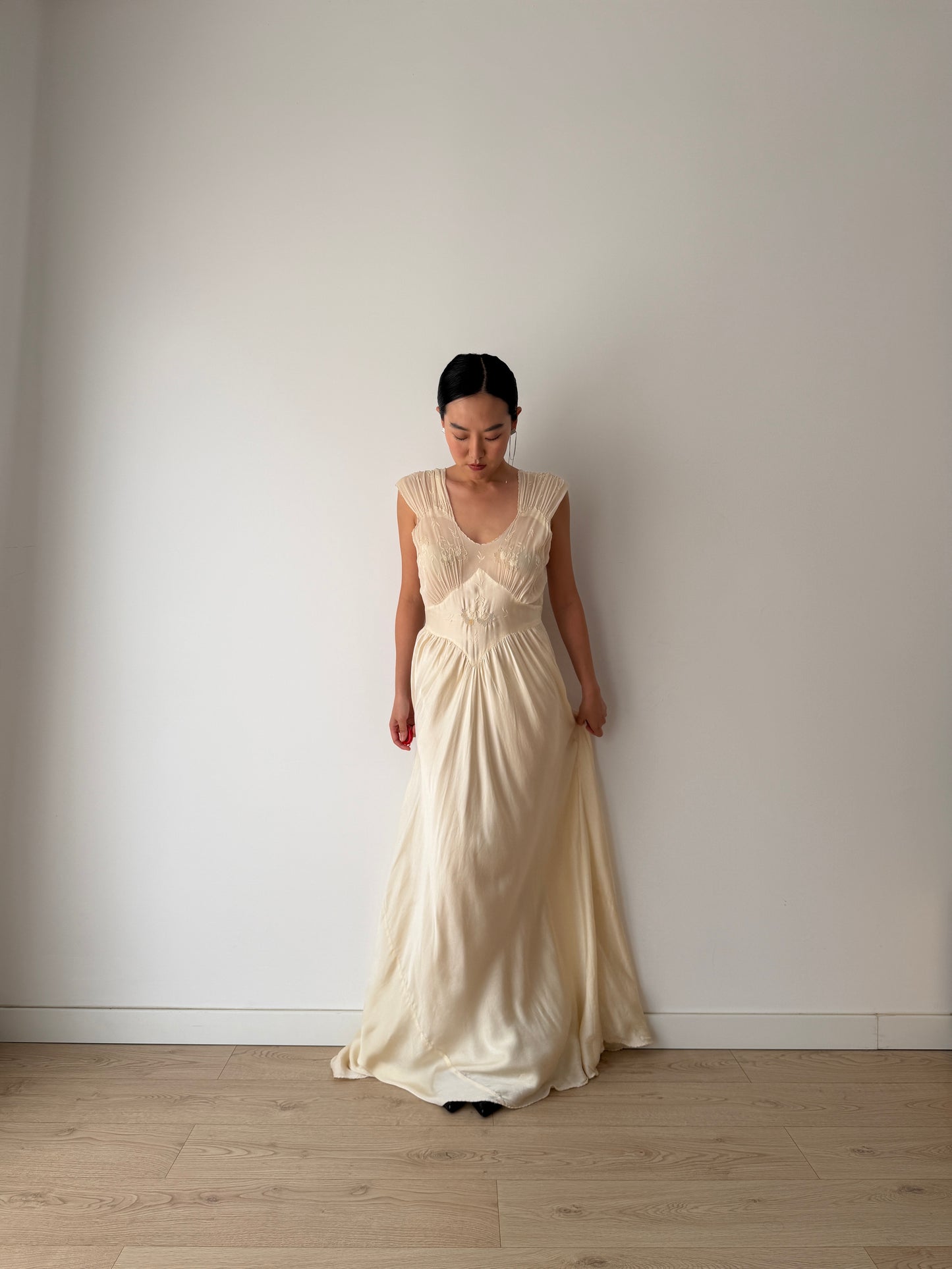 1930s Pure Silk Lace Appliqué French Wedding Dress, Bias Cut Bridal Slip Gown, Old Hollywood Lingerie