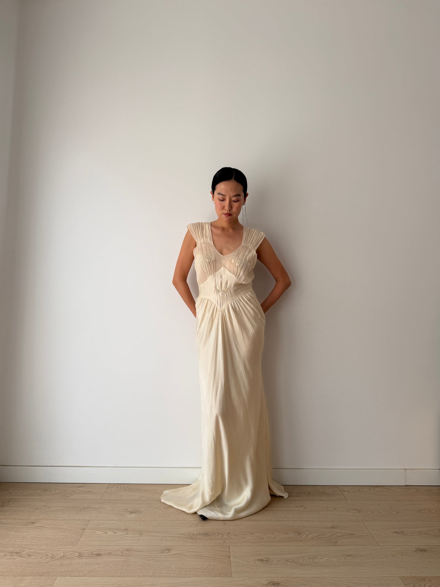 1930s Pure Silk Lace Appliqué French Wedding Dress, Bias Cut Bridal Slip Gown, Old Hollywood Lingerie