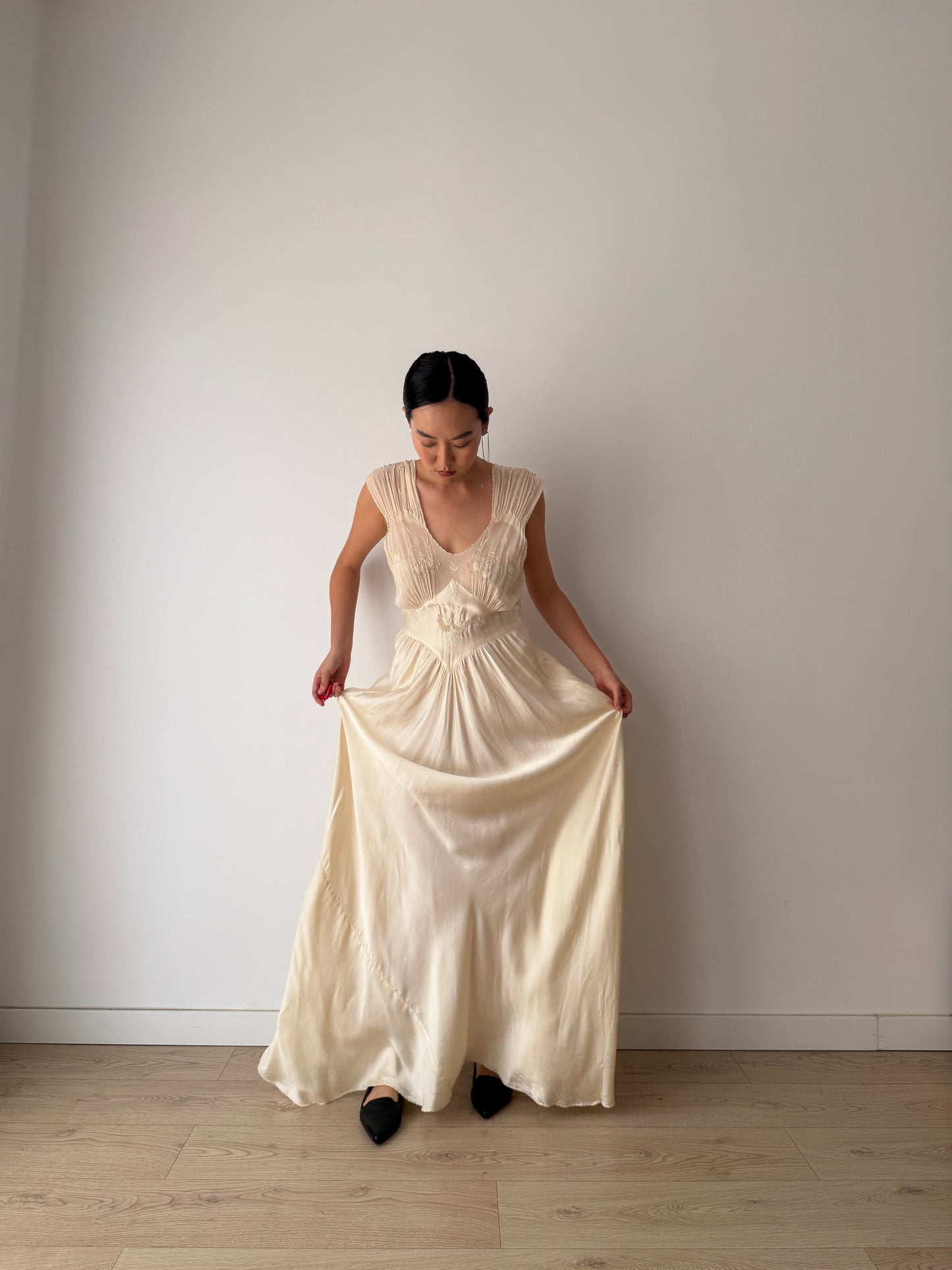 1930s Pure Silk Lace Appliqué French Wedding Dress, Bias Cut Bridal Slip Gown, Old Hollywood Lingerie