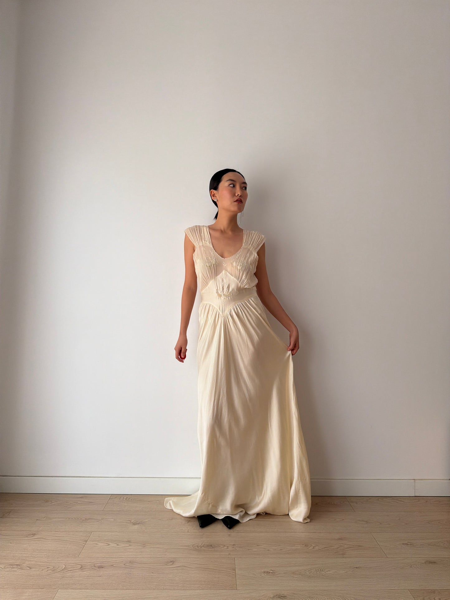 1930s Pure Silk Lace Appliqué French Wedding Dress, Bias Cut Bridal Slip Gown, Old Hollywood Lingerie