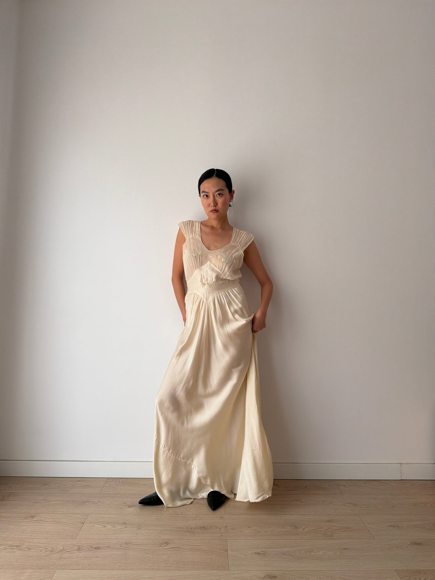1930s Pure Silk Lace Appliqué French Wedding Dress, Bias Cut Bridal Slip Gown, Old Hollywood Lingerie