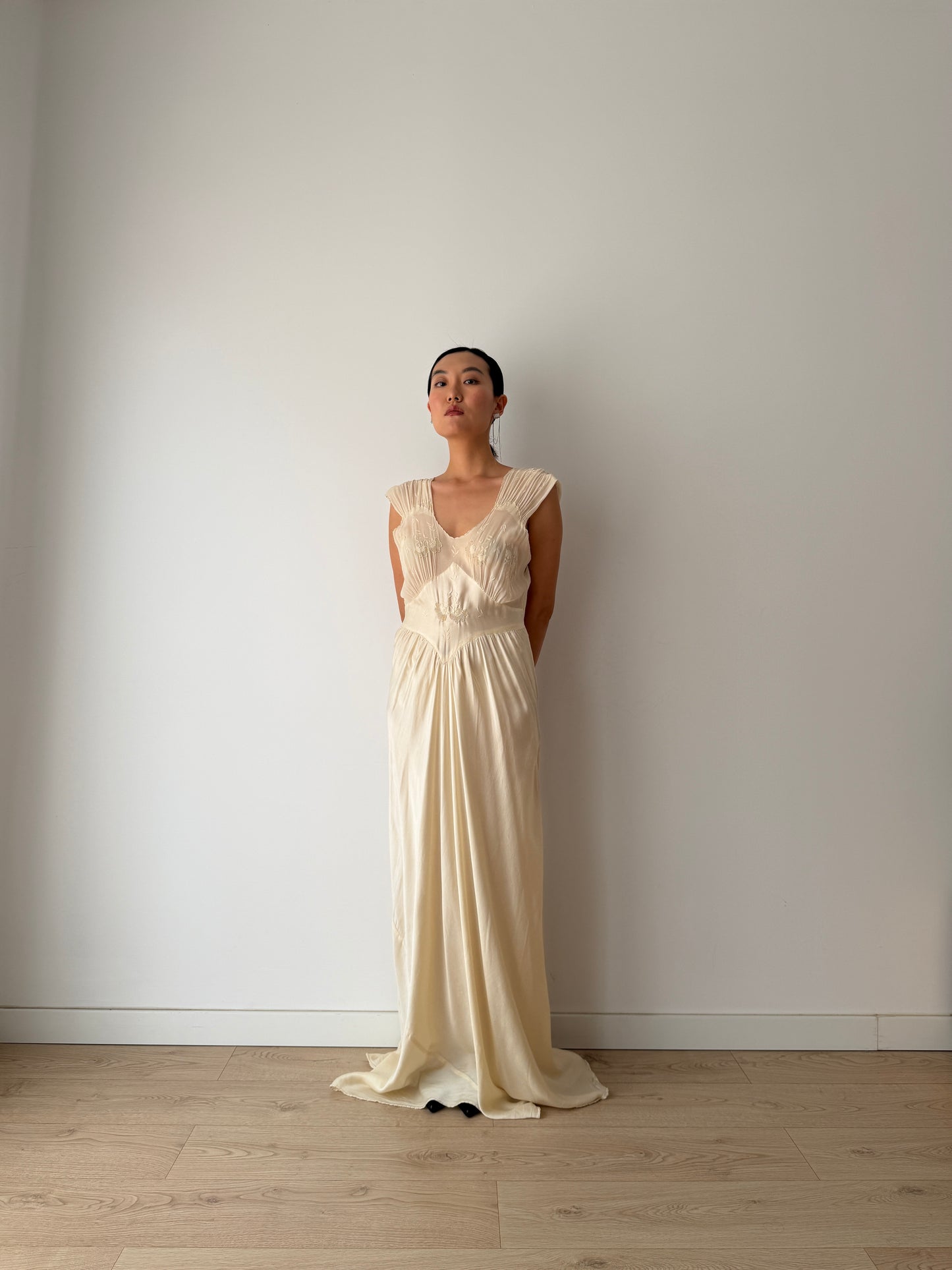 1930s Pure Silk Lace Appliqué French Wedding Dress, Bias Cut Bridal Slip Gown, Old Hollywood Lingerie