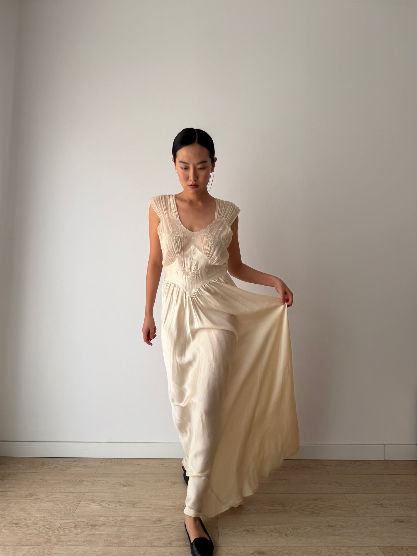 1930s Pure Silk Lace Appliqué French Wedding Dress, Bias Cut Bridal Slip Gown, Old Hollywood Lingerie