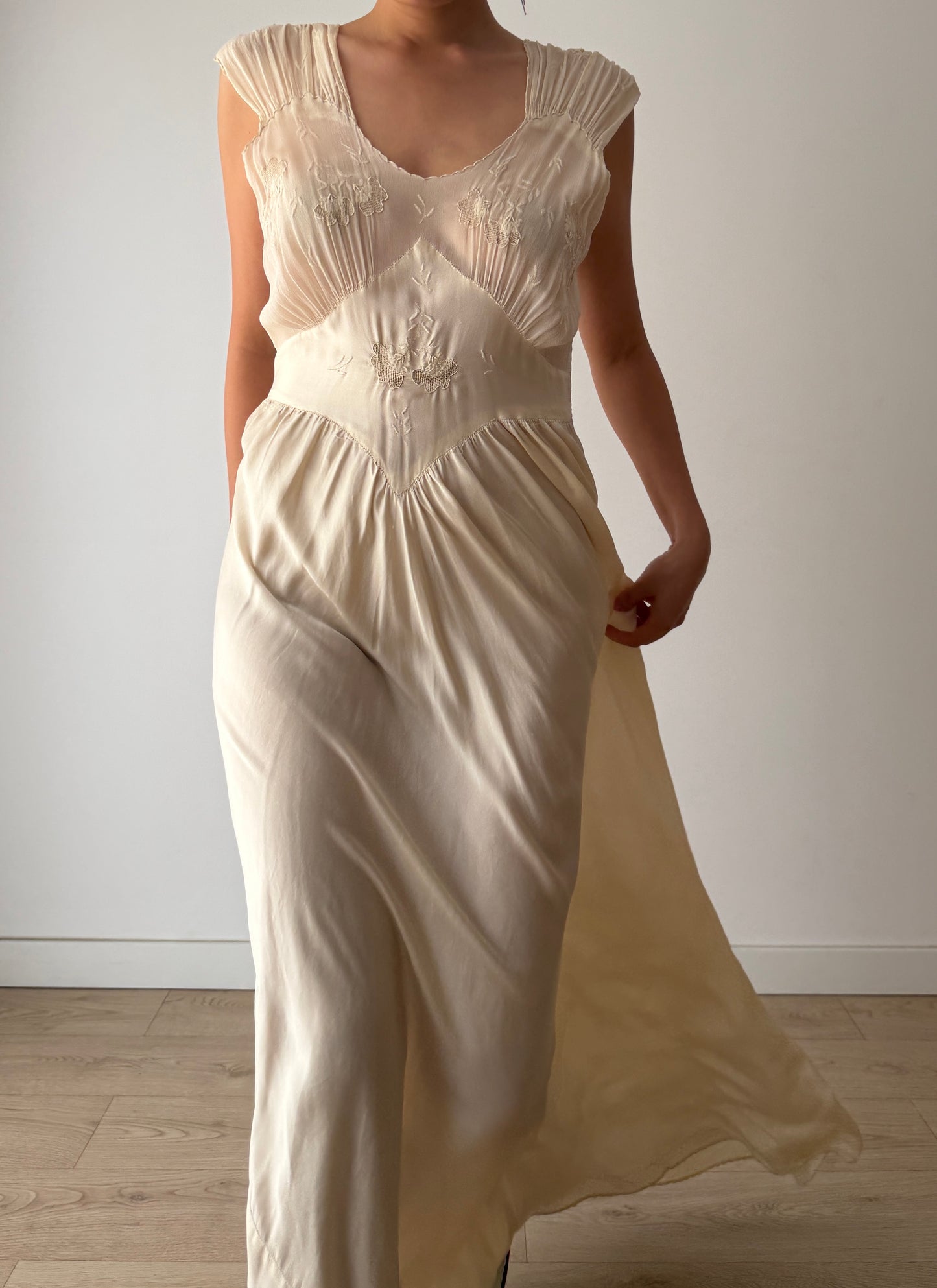 1930s Pure Silk Lace Appliqué French Wedding Dress, Bias Cut Bridal Slip Gown, Old Hollywood Lingerie