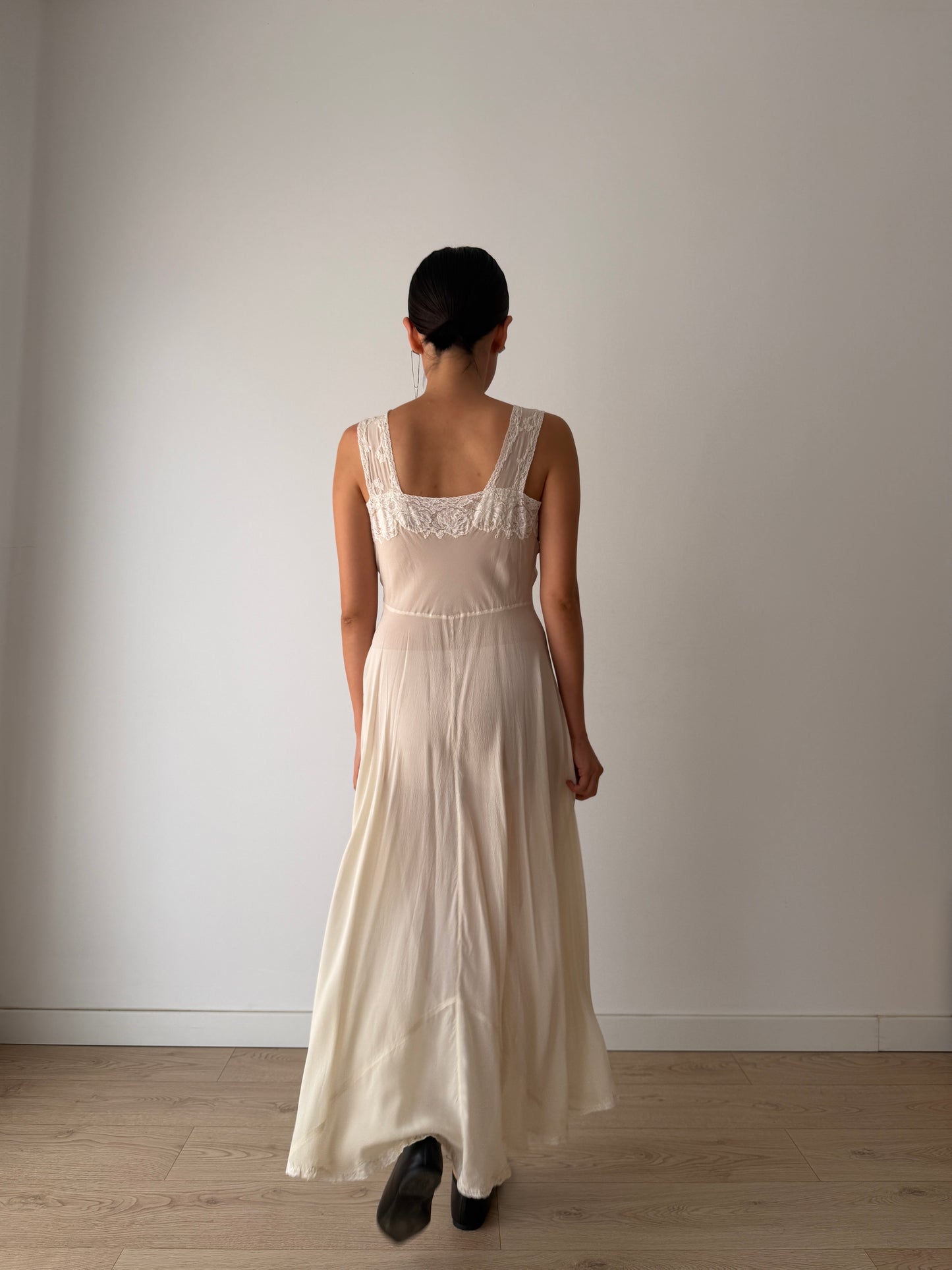 1930s Bias Cut White Silk Crepe Lace Slip Dress, Romantic Vintage Lingerie Bridal Gown