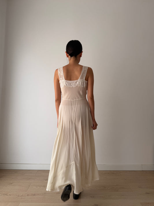 1930s Bias Cut White Silk Crepe Lace Slip Dress, Romantic Vintage Lingerie Bridal Gown