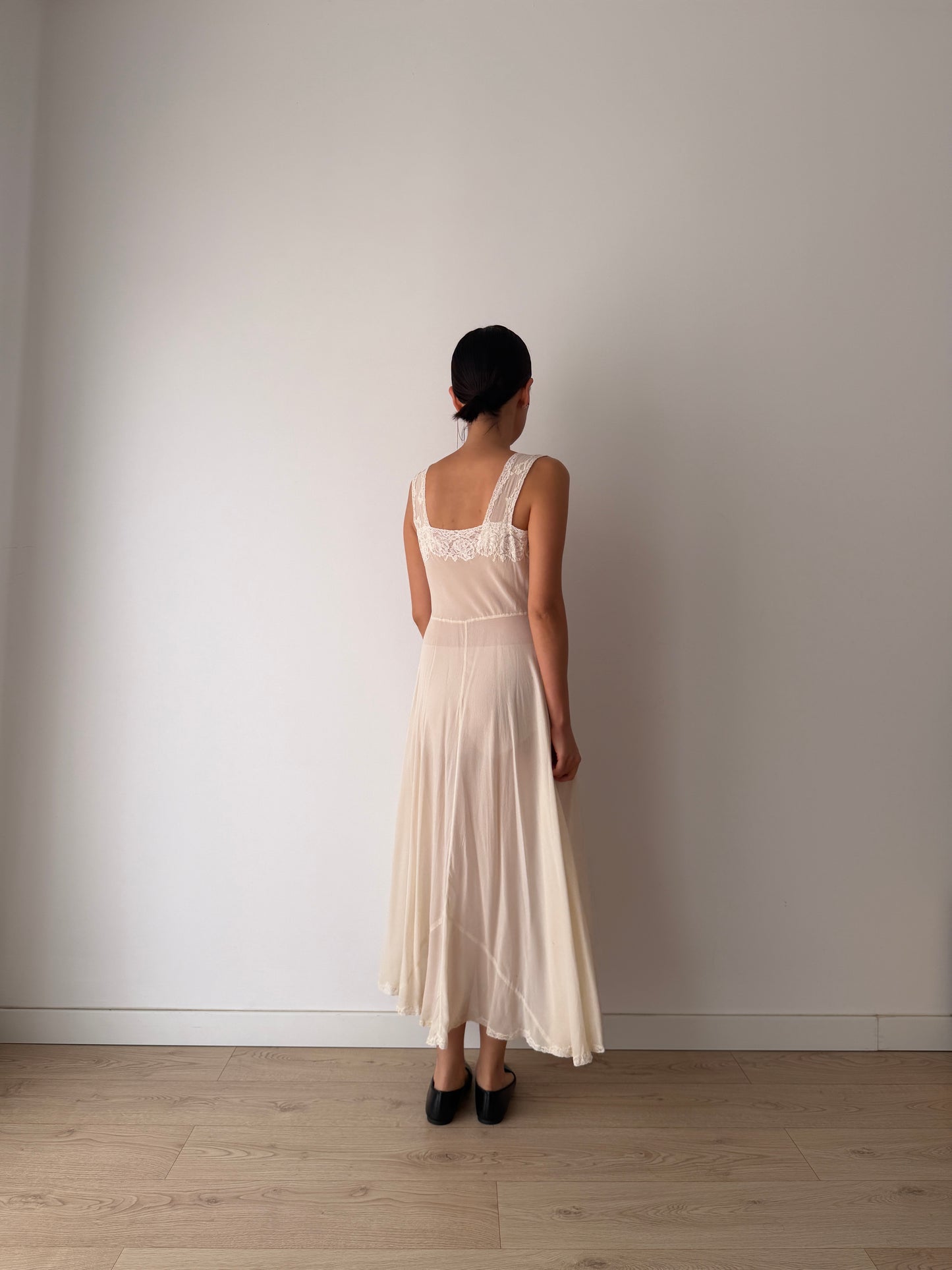 1930s Bias Cut White Silk Crepe Lace Slip Dress, Romantic Vintage Lingerie Bridal Gown