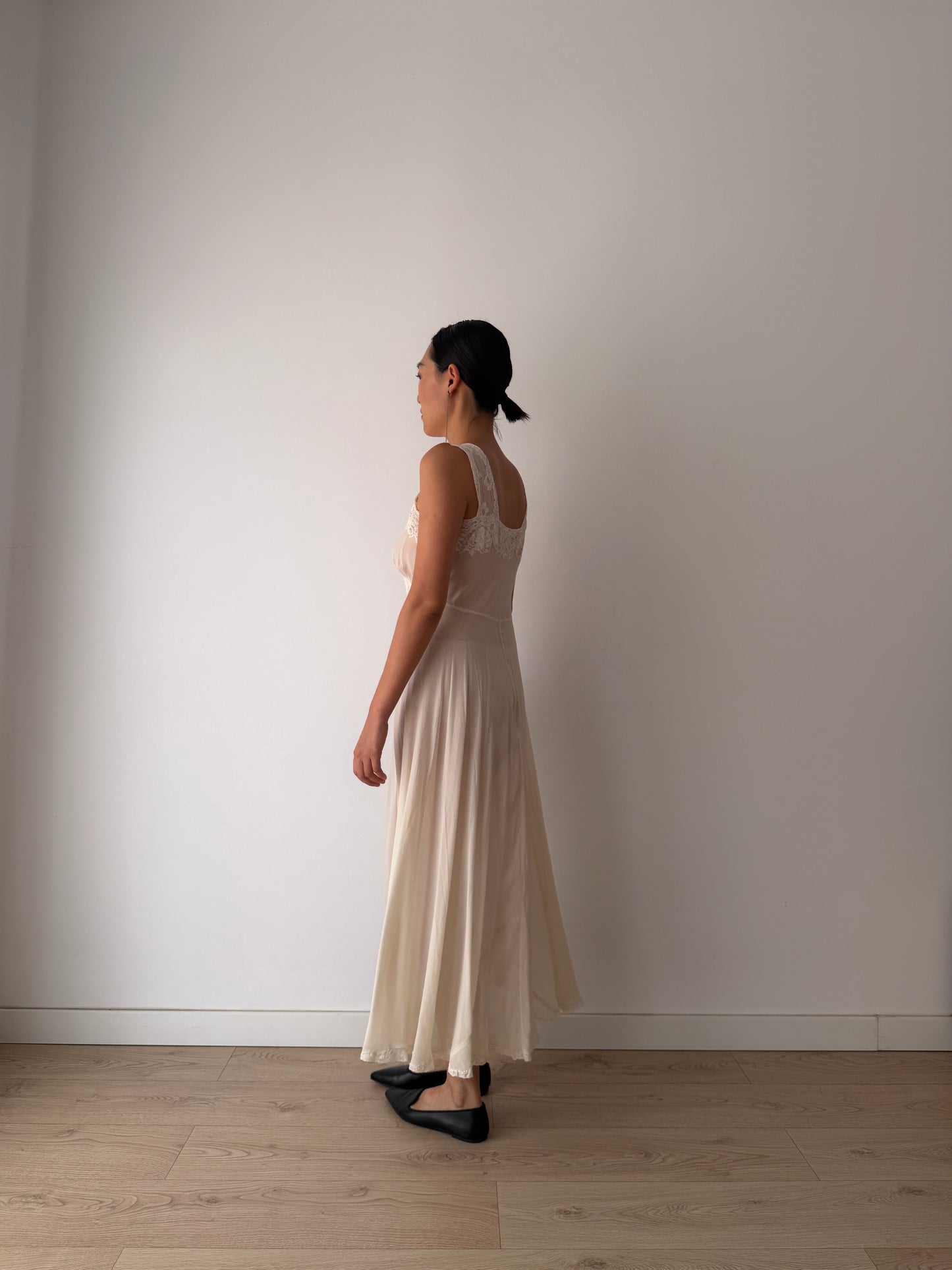 1930s Bias Cut White Silk Crepe Lace Slip Dress, Romantic Vintage Lingerie Bridal Gown