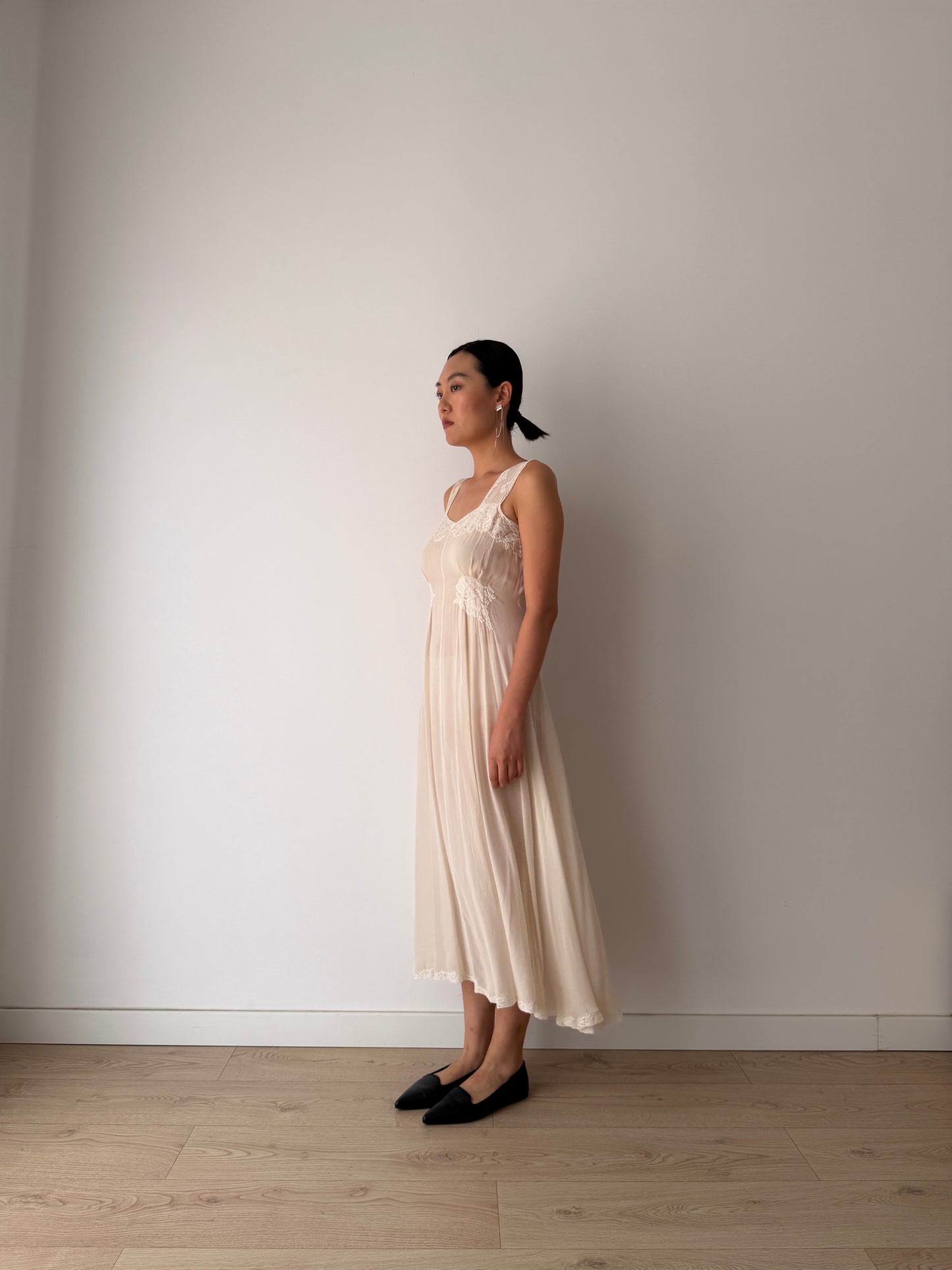 1930s Bias Cut White Silk Crepe Lace Slip Dress, Romantic Vintage Lingerie Bridal Gown