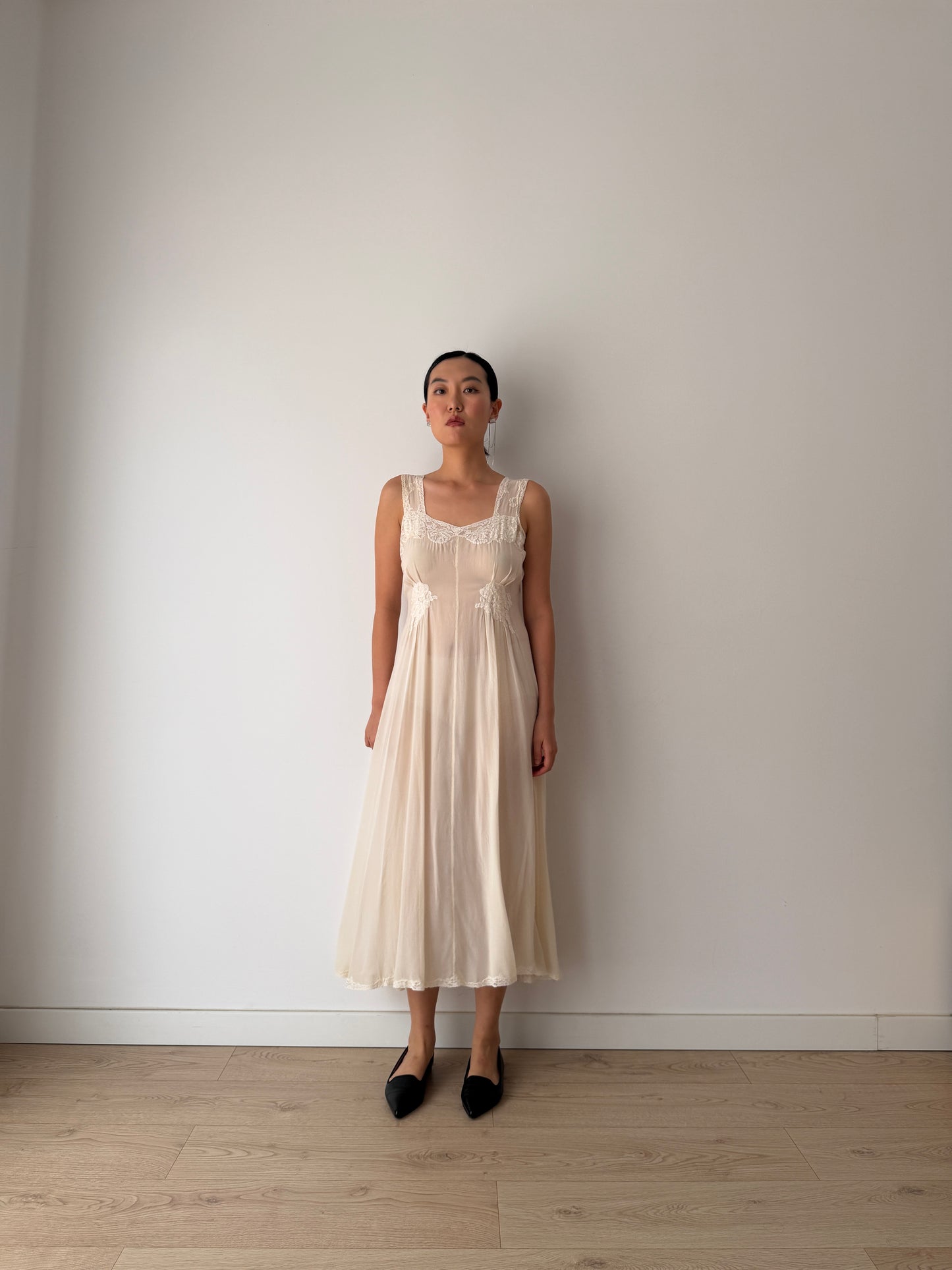 1930s Bias Cut White Silk Crepe Lace Slip Dress, Romantic Vintage Lingerie Bridal Gown