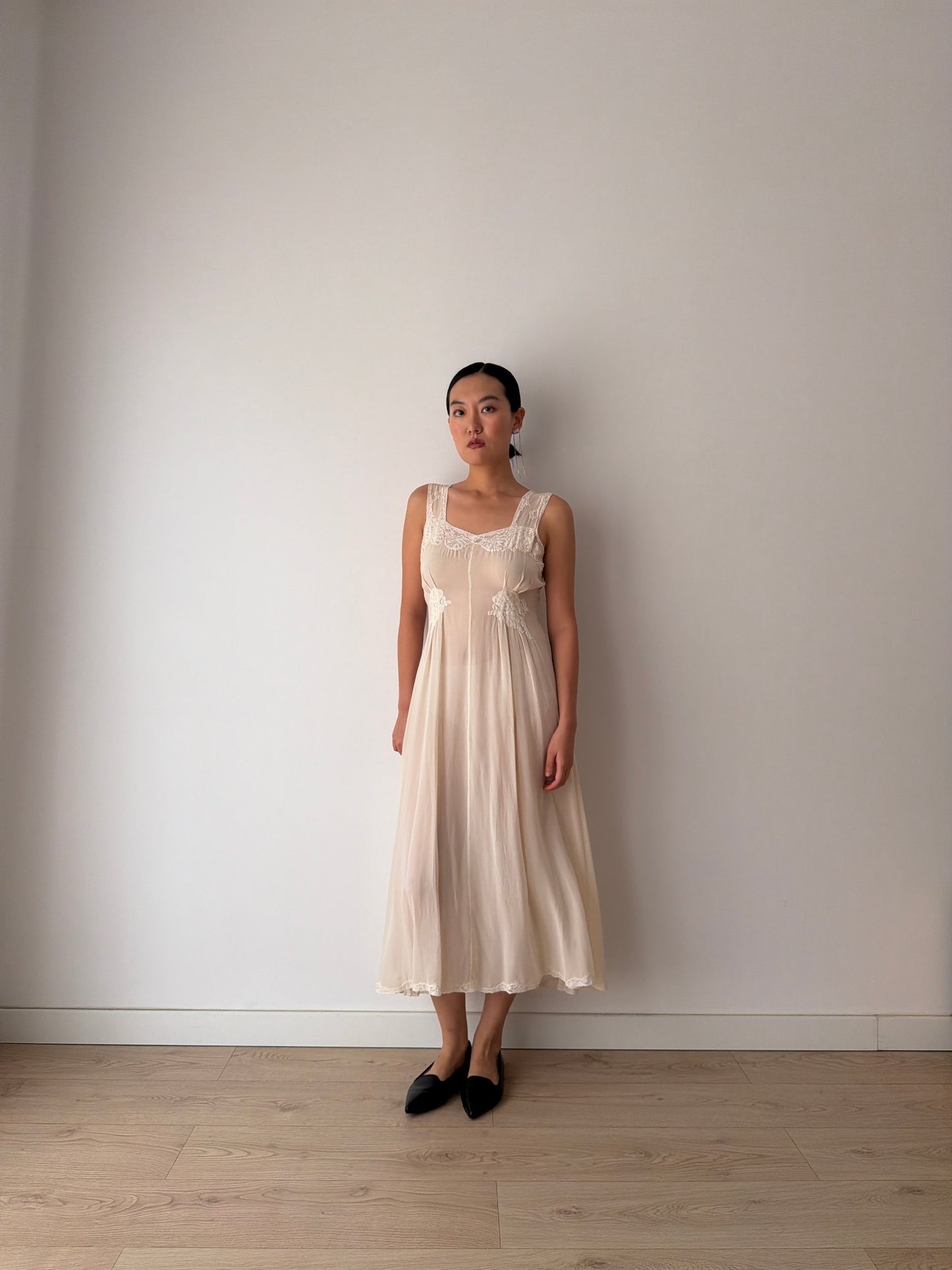 1930s Bias Cut White Silk Crepe Lace Slip Dress, Romantic Vintage Lingerie Bridal Gown