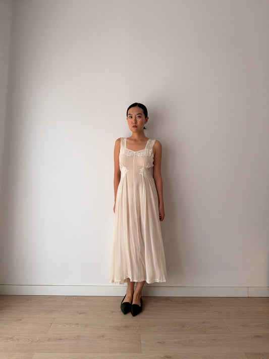 1930s Bias Cut White Silk Crepe Lace Slip Dress, Romantic Vintage Lingerie Bridal Gown