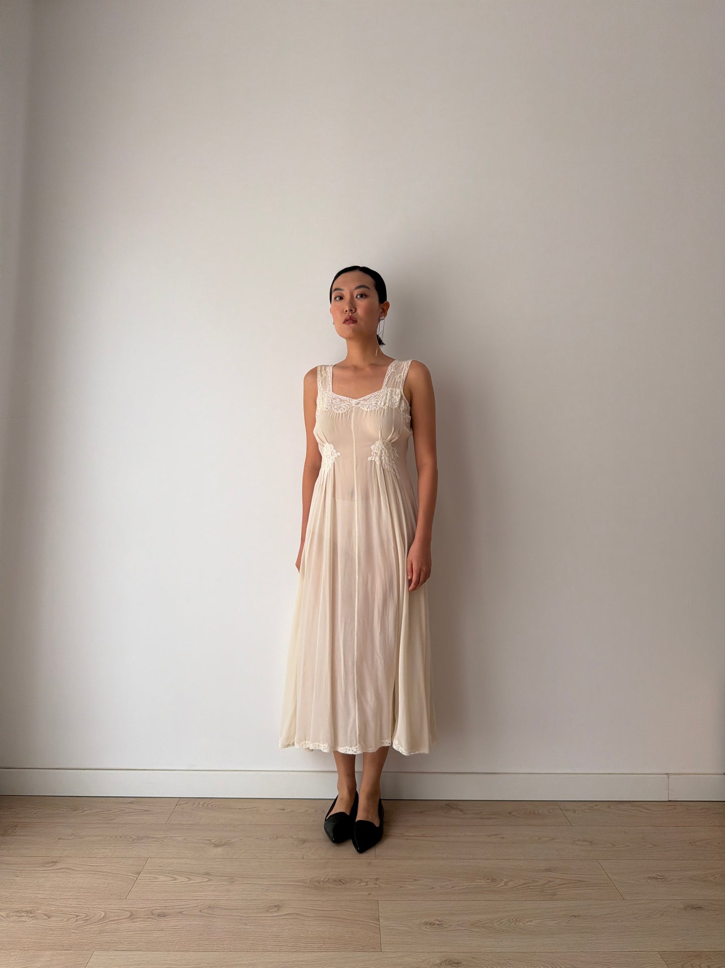 1930s Bias Cut White Silk Crepe Lace Slip Dress, Romantic Vintage Lingerie Bridal Gown